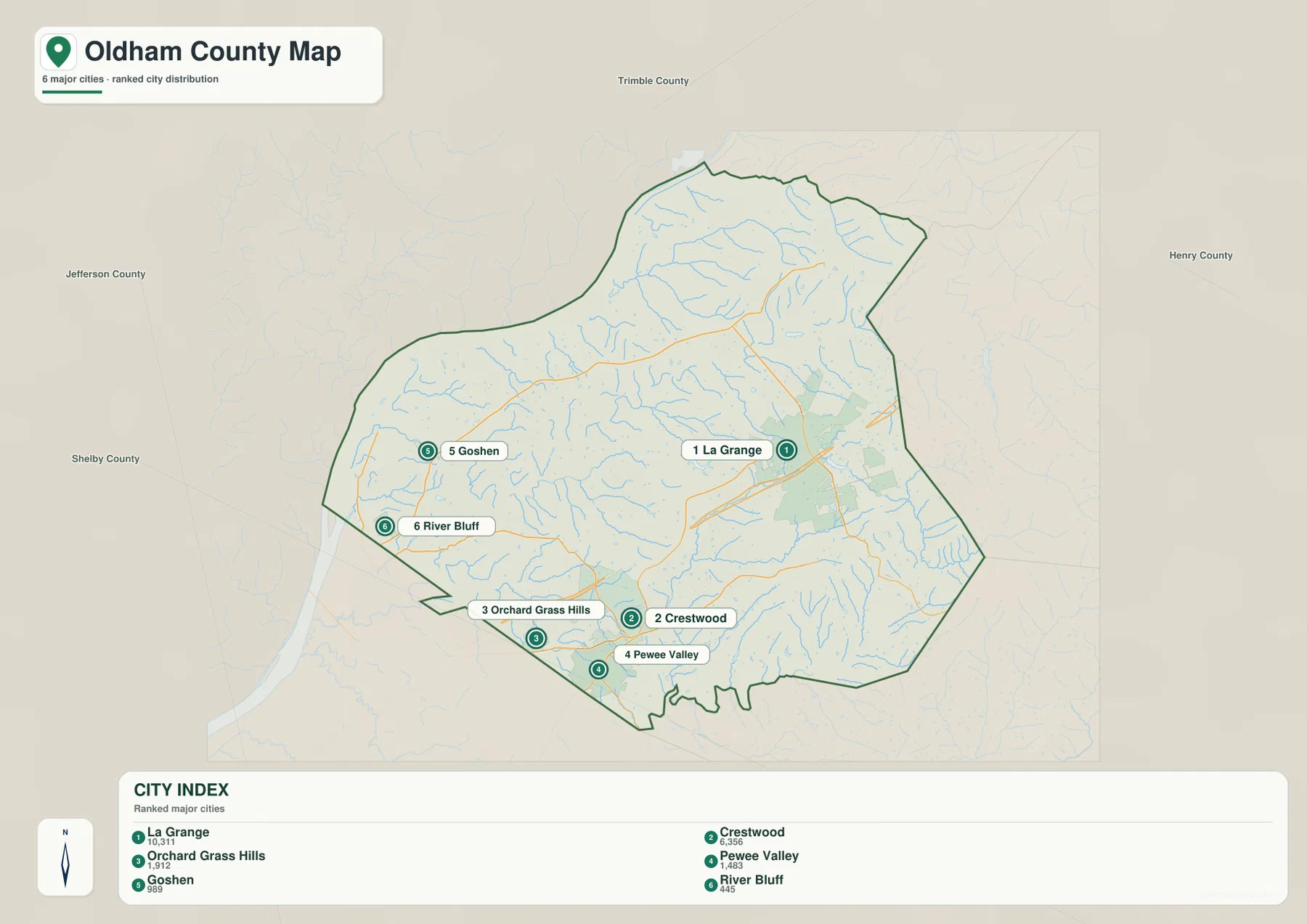 Oldham County city distribution map showing La Grange, Crestwood, Orchard Grass Hills, Pewee Valley, Goshen, and River Bluff