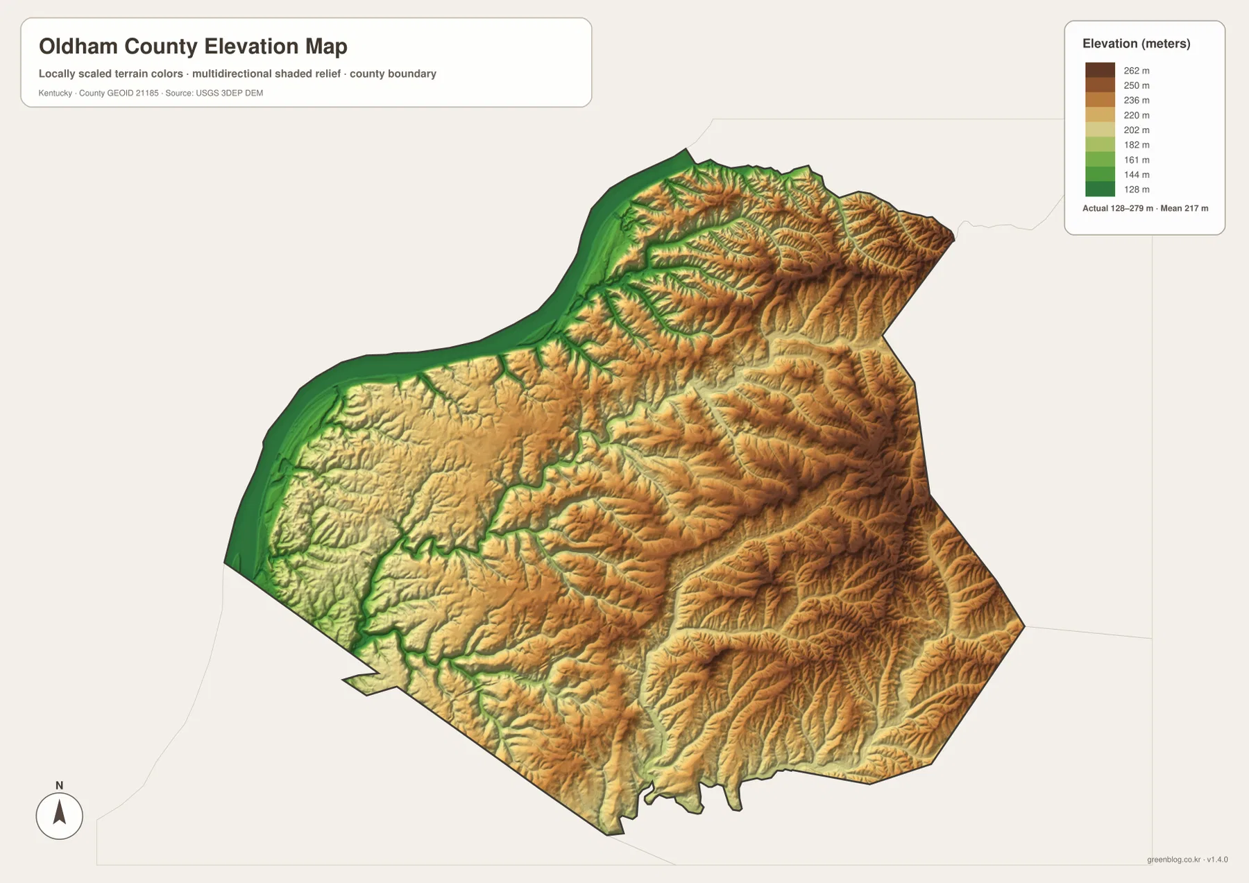 Oldham County elevation map showing the 128 to 279 meter range, low Ohio River terrain, central creek valleys, and higher northern and eastern ridges