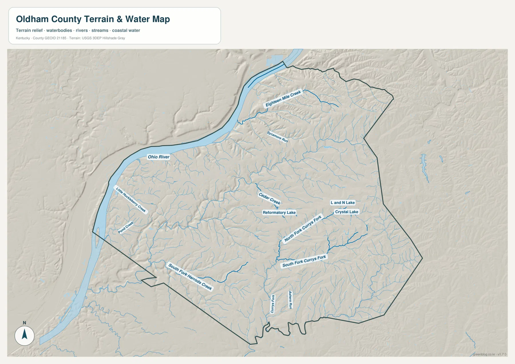 Oldham County terrain and water map showing Ohio River, Eighteen Mile Creek, Cedar Creek, Currys Fork, North Fork Currys Fork, South Fork Currys Fork, South Fork Harrods Creek, and lakes