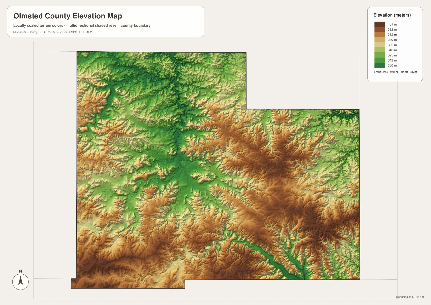 Olmsted County Minnesota elevation map showing low Rochester valleys and higher eastern and southeastern ridges