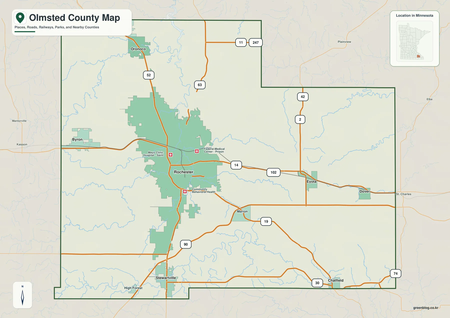 Olmsted County Minnesota map showing Rochester, major highways, towns, and county boundaries