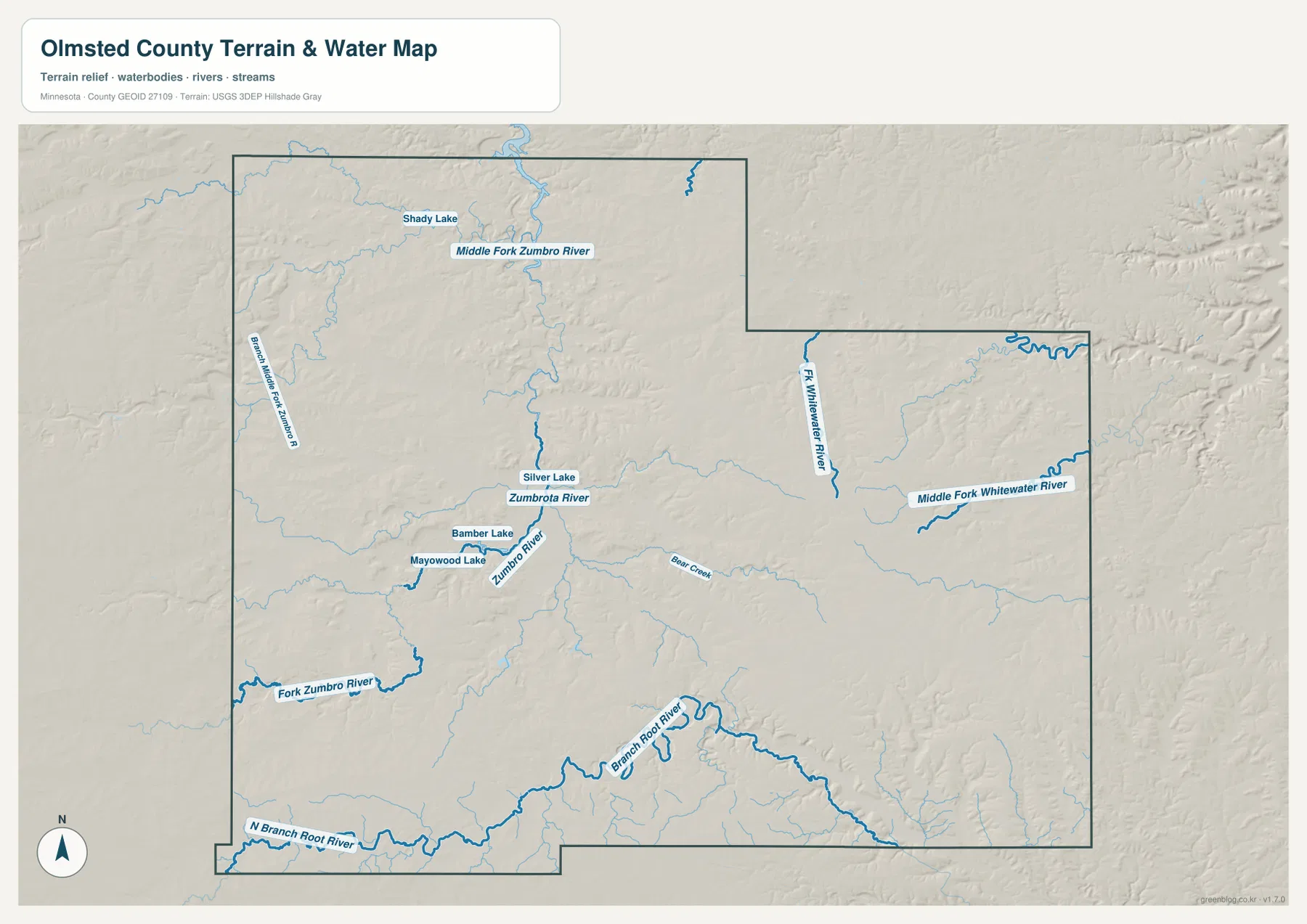 Olmsted County Minnesota water map with Zumbro, Whitewater, and Root River branches
