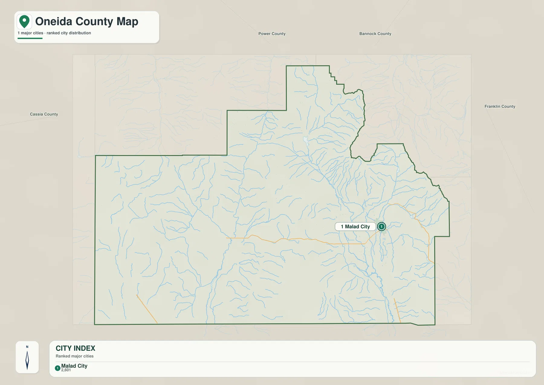 Oneida County city map showing Malad City as the single major city in the map index