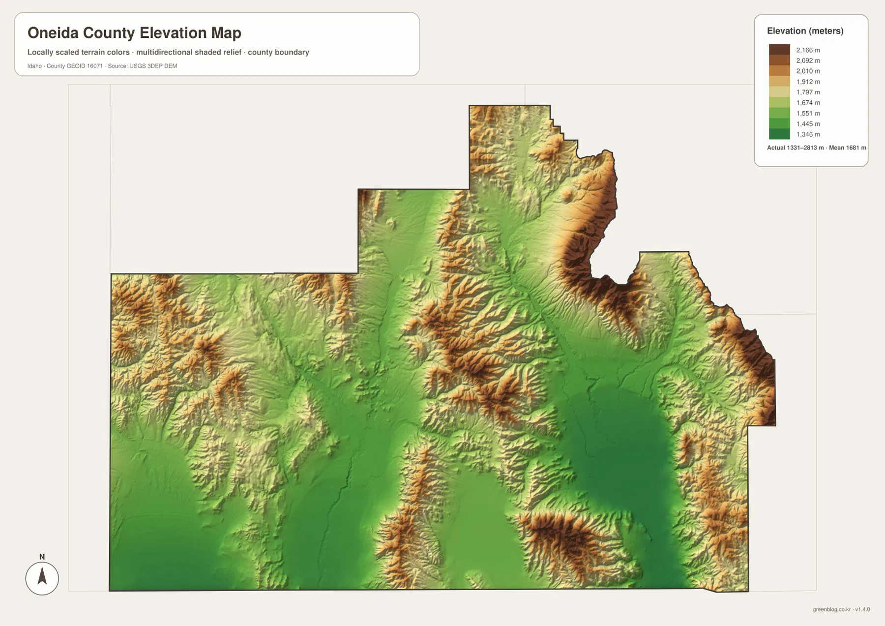 Oneida County elevation map showing terrain from about 1331 to 2813 meters