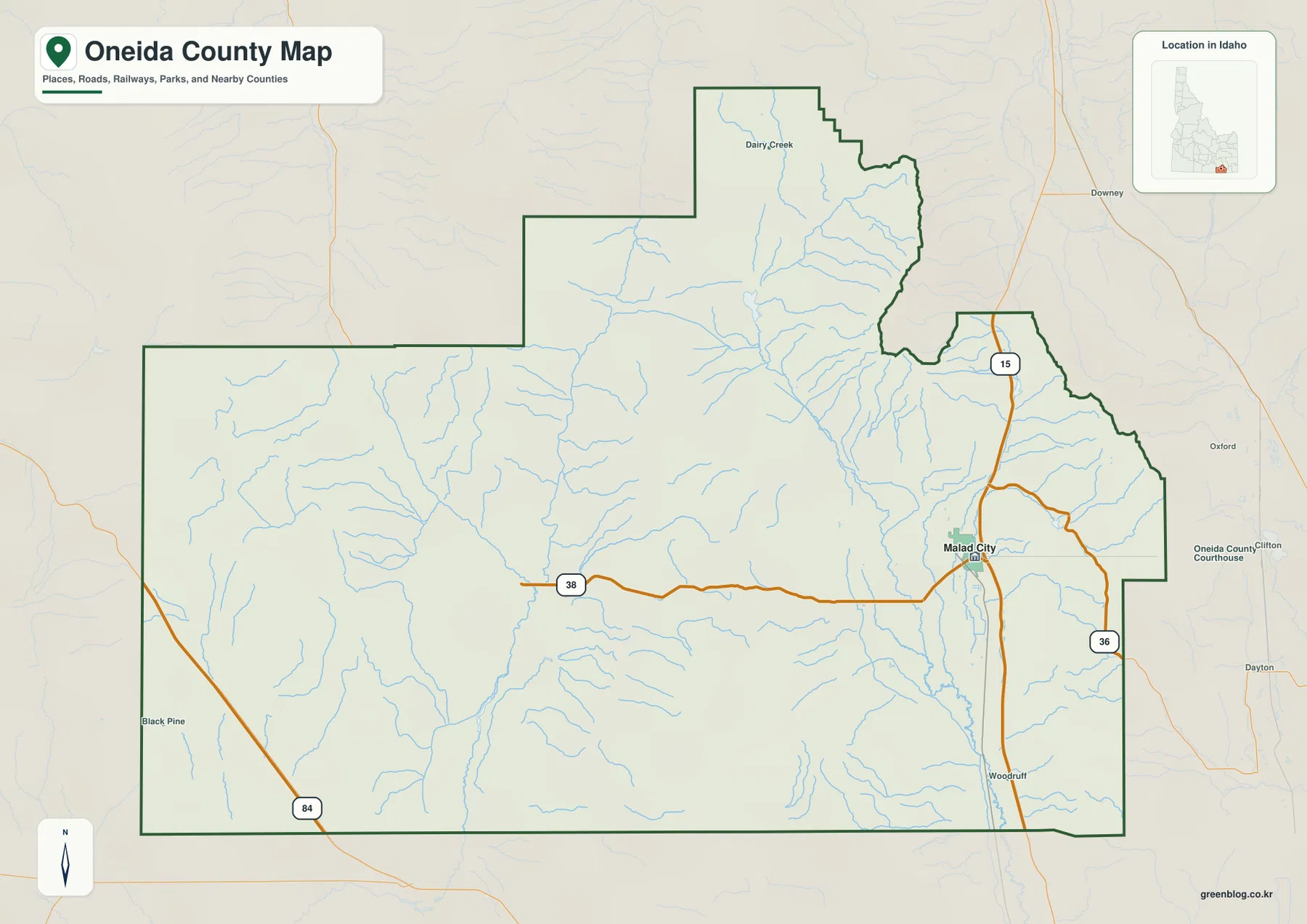 Oneida County map showing Malad City, I-15, ID-38, ID-36, streams, and the county boundary