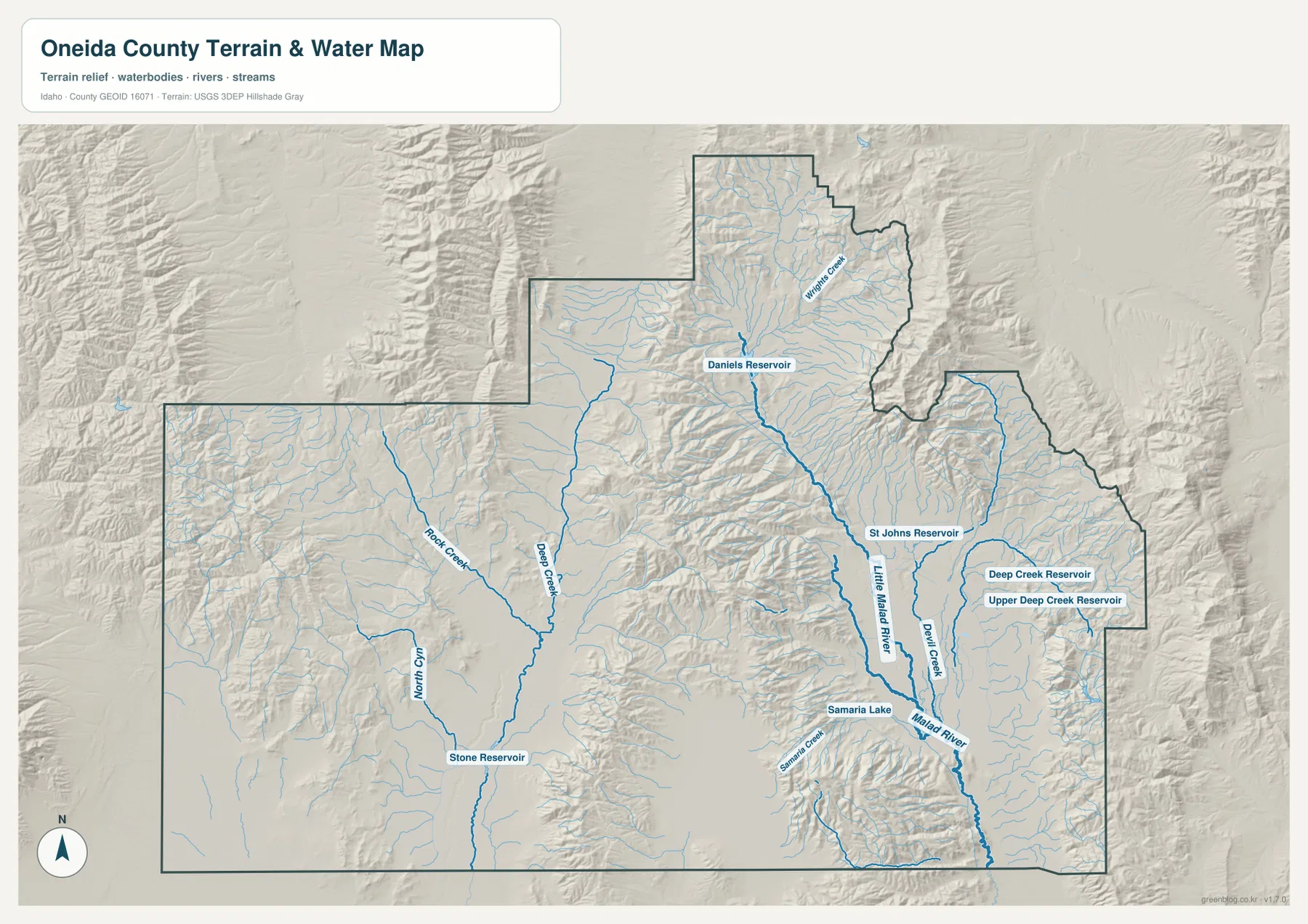 Oneida County water map showing Malad River, Little Malad River, Daniels Reservoir, St Johns Reservoir, and Deep Creek reservoirs