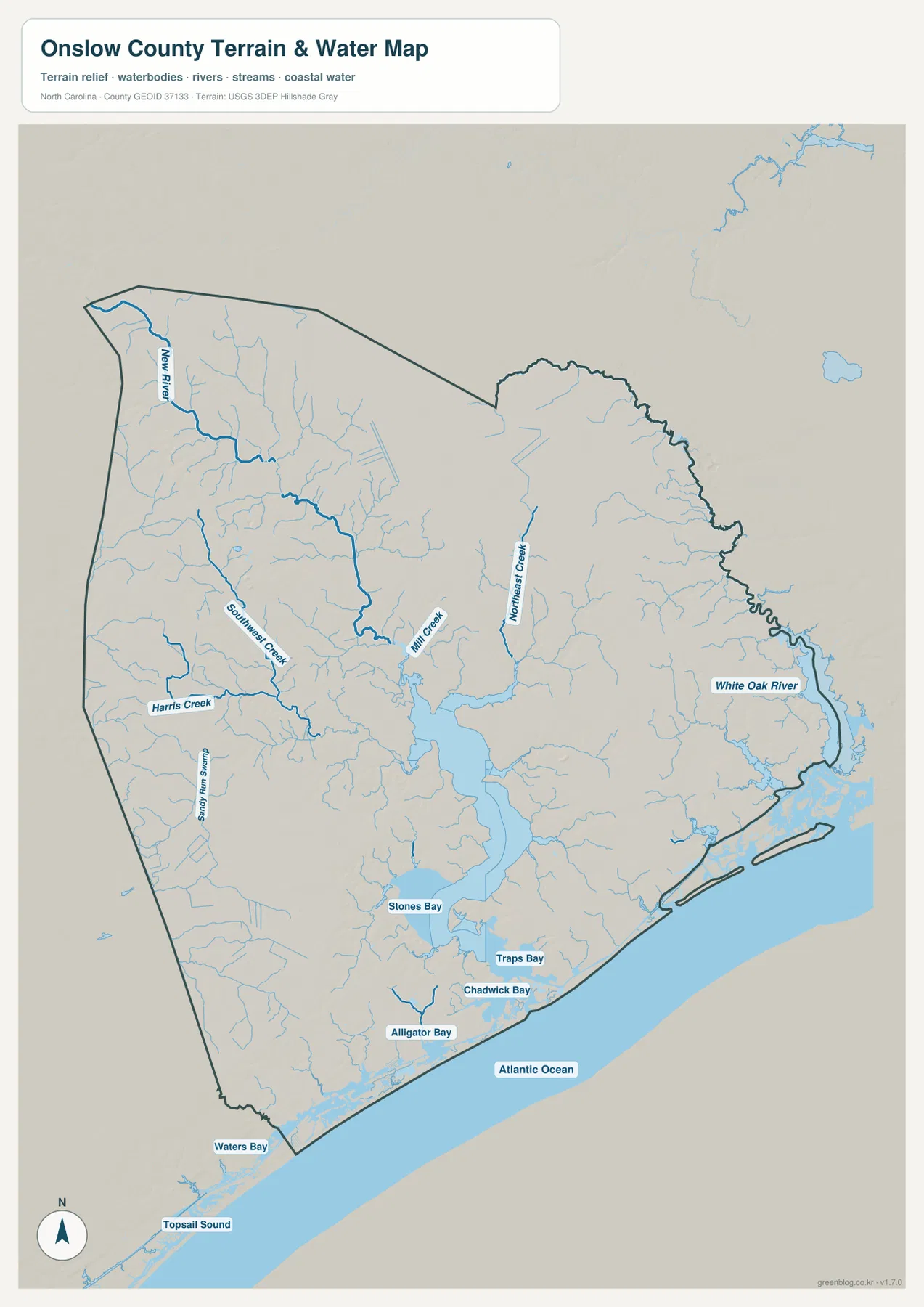 온슬로 카운티의 뉴강, Southwest Creek, White Oak River, 여러 만과 대서양 해안을 표시한 수역 지도