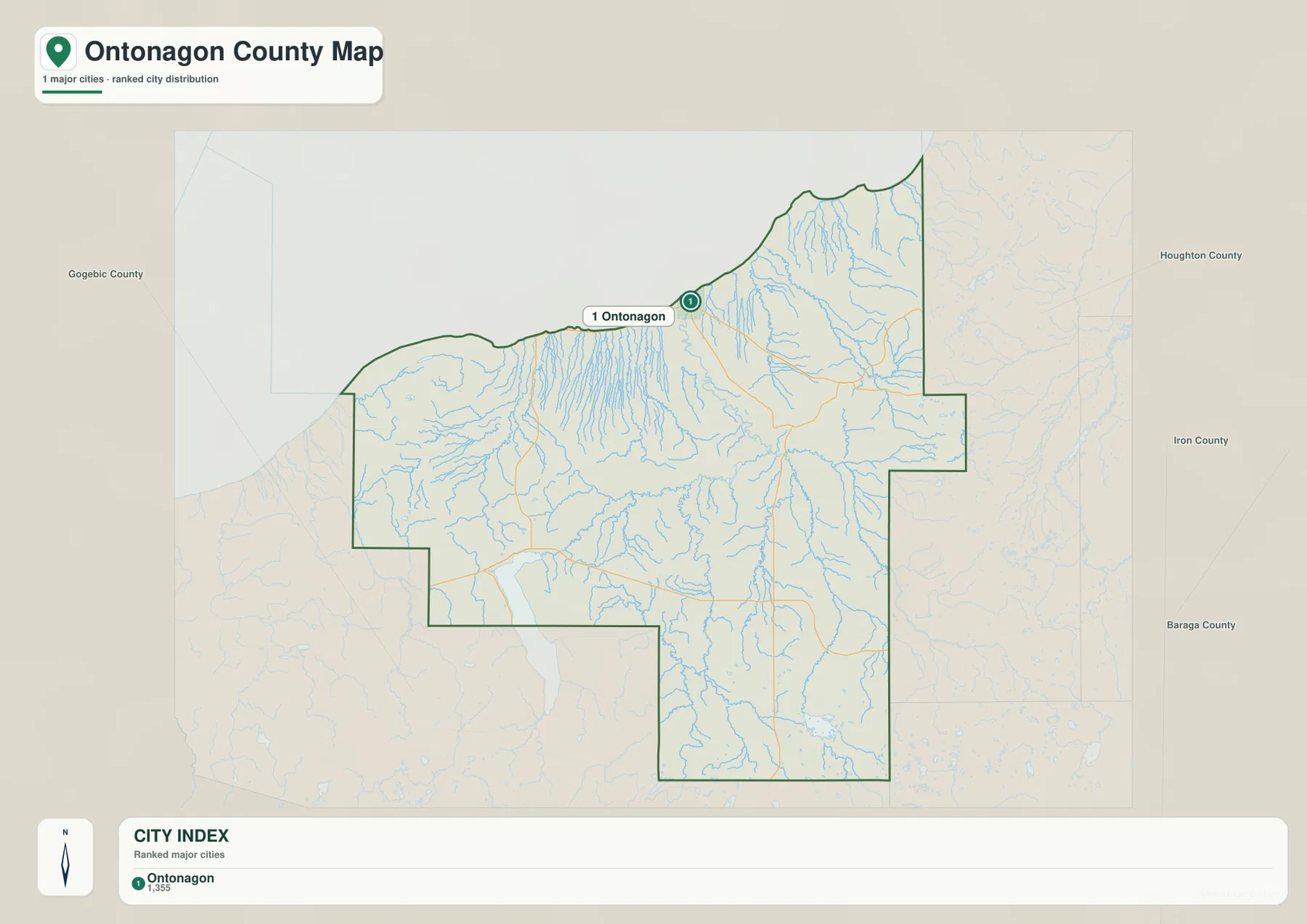 Ontonagon County city index map highlighting Ontonagon on the Lake Superior shore