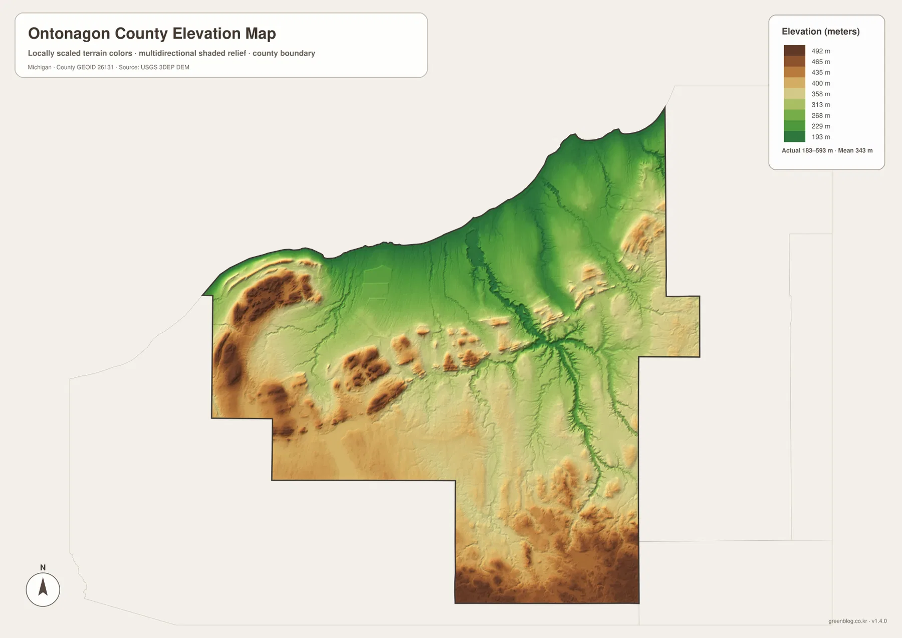 Ontonagon County elevation map showing the low Lake Superior shore, Porcupine Mountains, river valleys, and southern uplands