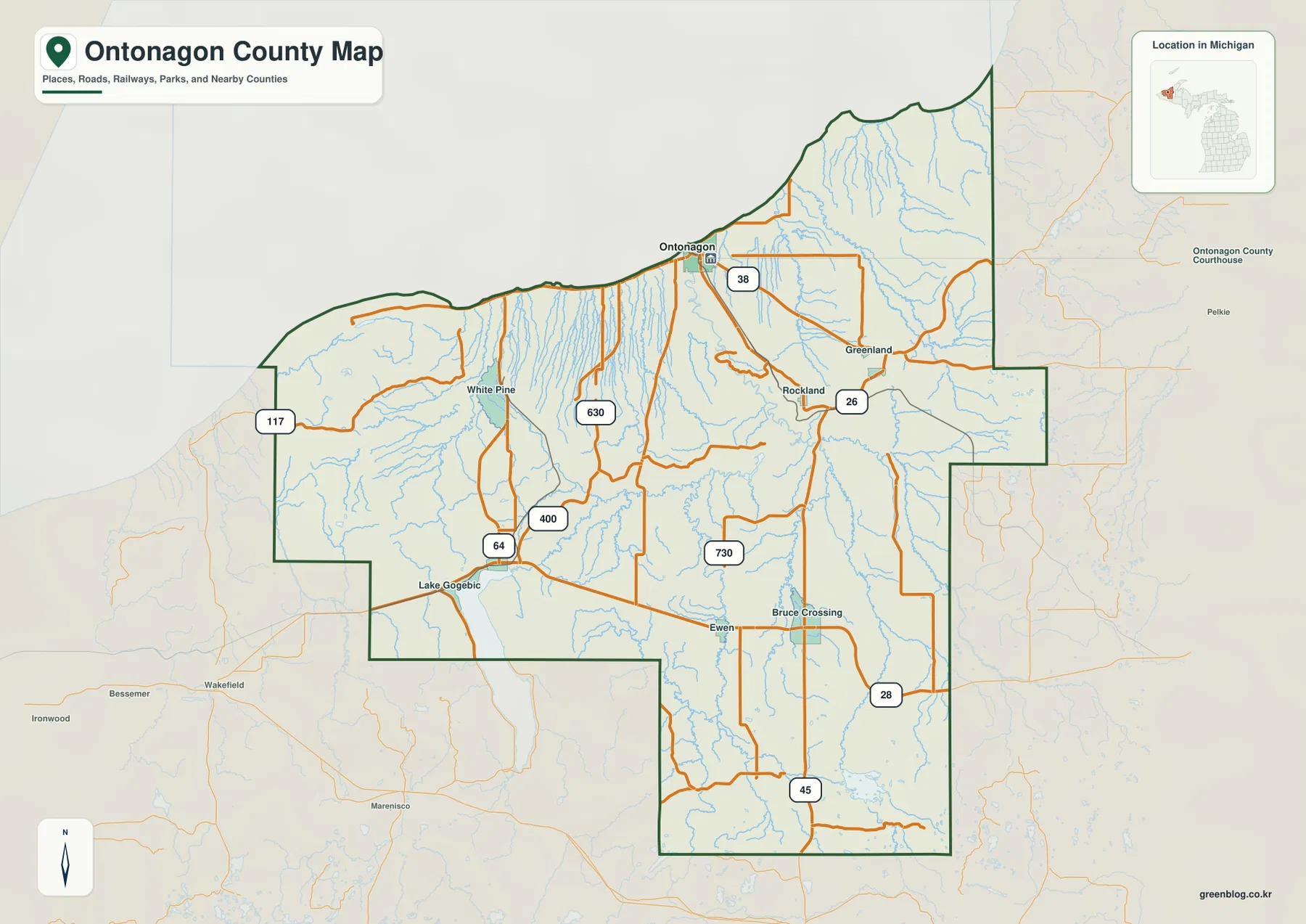 Ontonagon County map showing Ontonagon, White Pine, Greenland, Rockland, Ewen, Bruce Crossing, and major roads