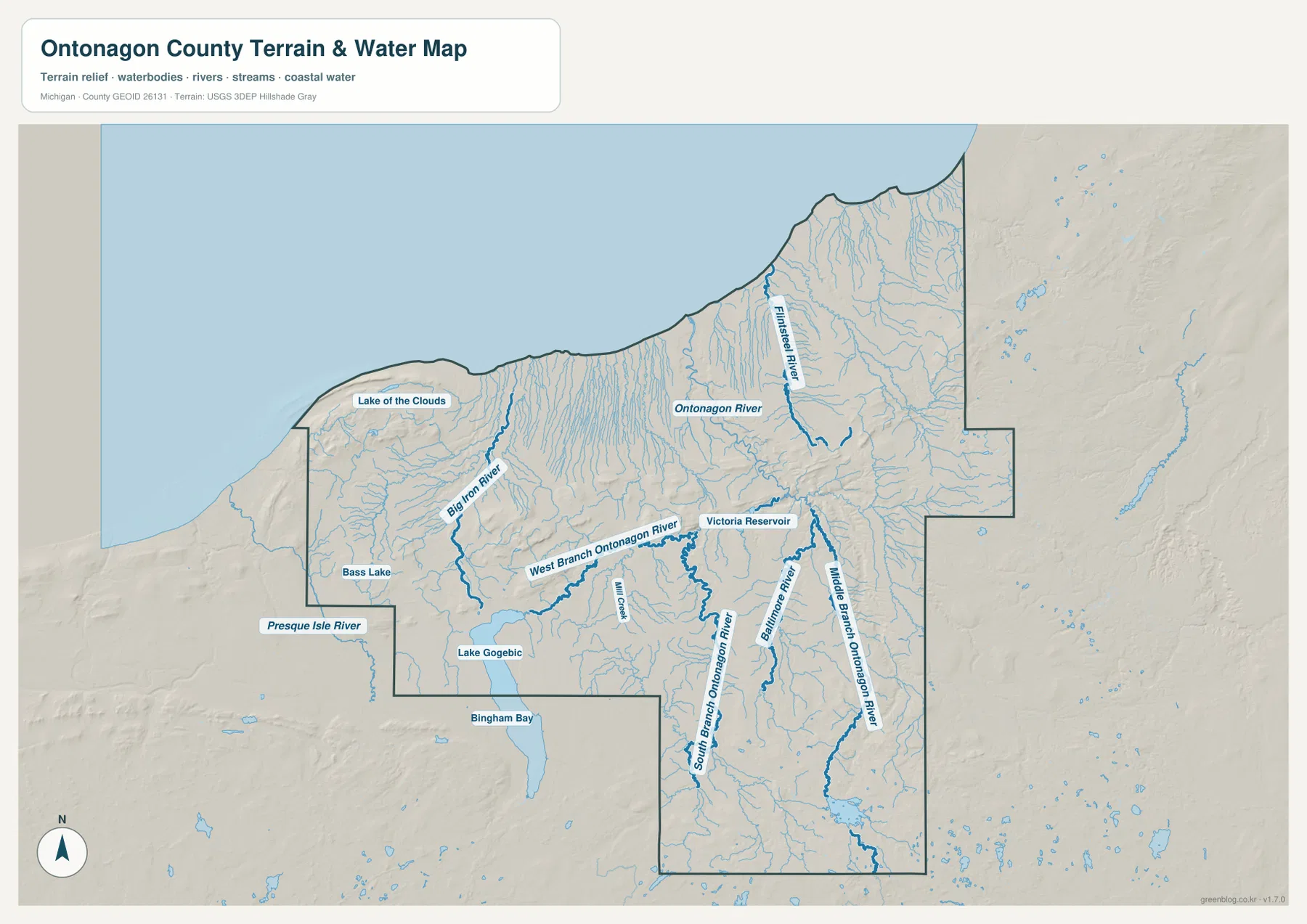 Ontonagon County terrain and water map showing Ontonagon River branches, Big Iron River, Presque Isle River, Lake of the Clouds, Victoria Reservoir, and Lake Gogebic