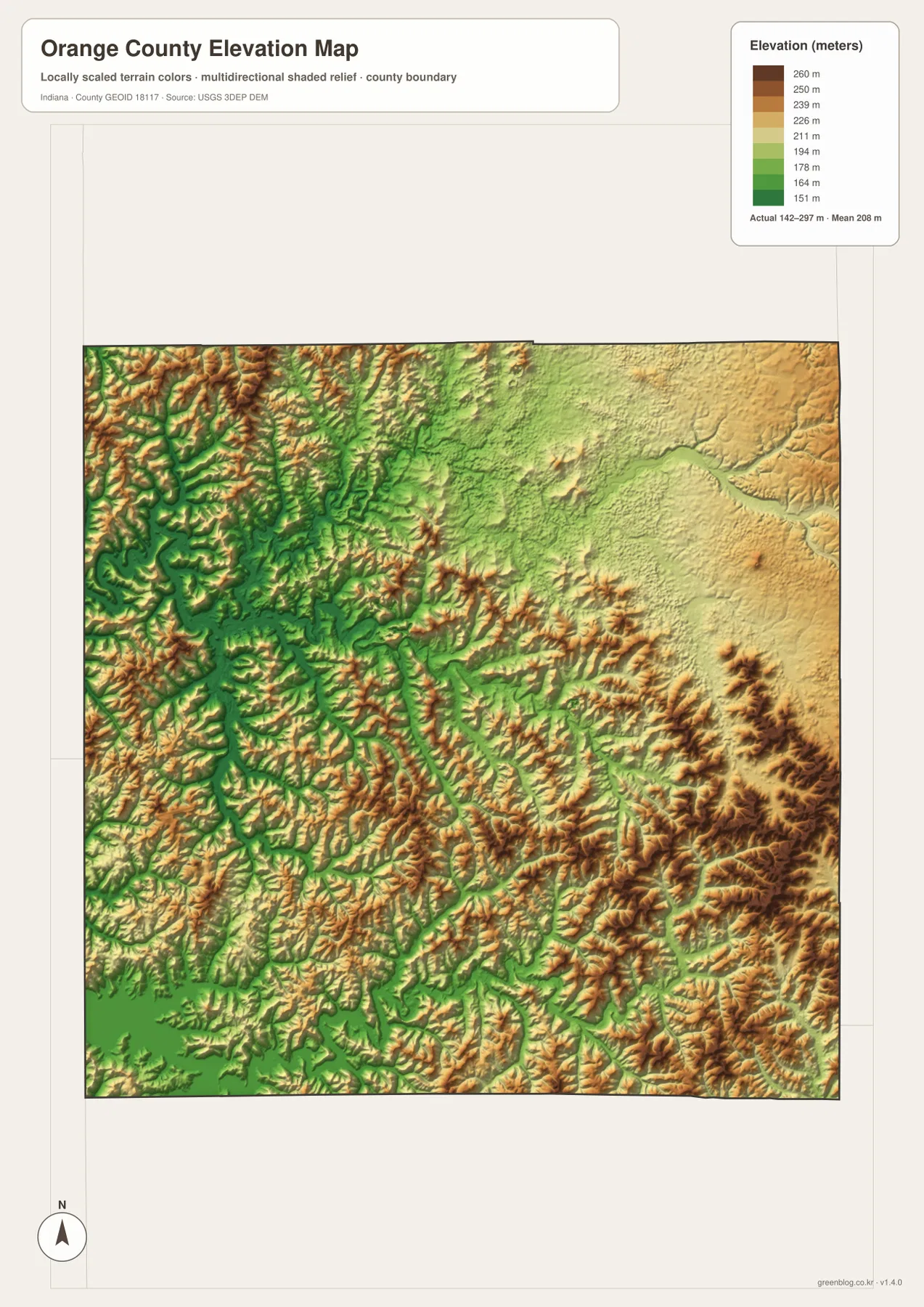 Orange County elevation map showing low green Lost River and Patoka Lake areas with high brown ridges across the northwest and southeast