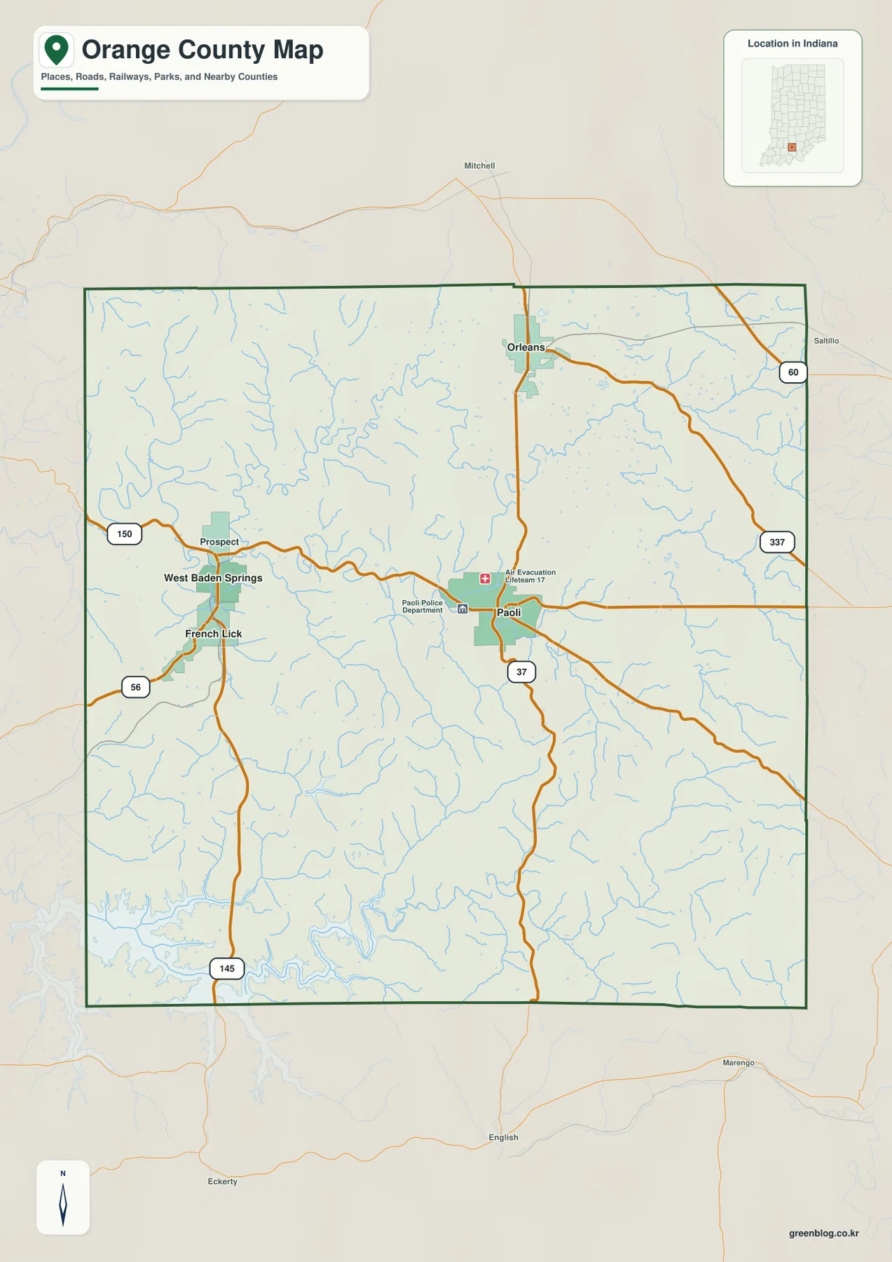Orange County Indiana general map showing Paoli, Orleans, French Lick, West Baden Springs, Prospect, and major roads