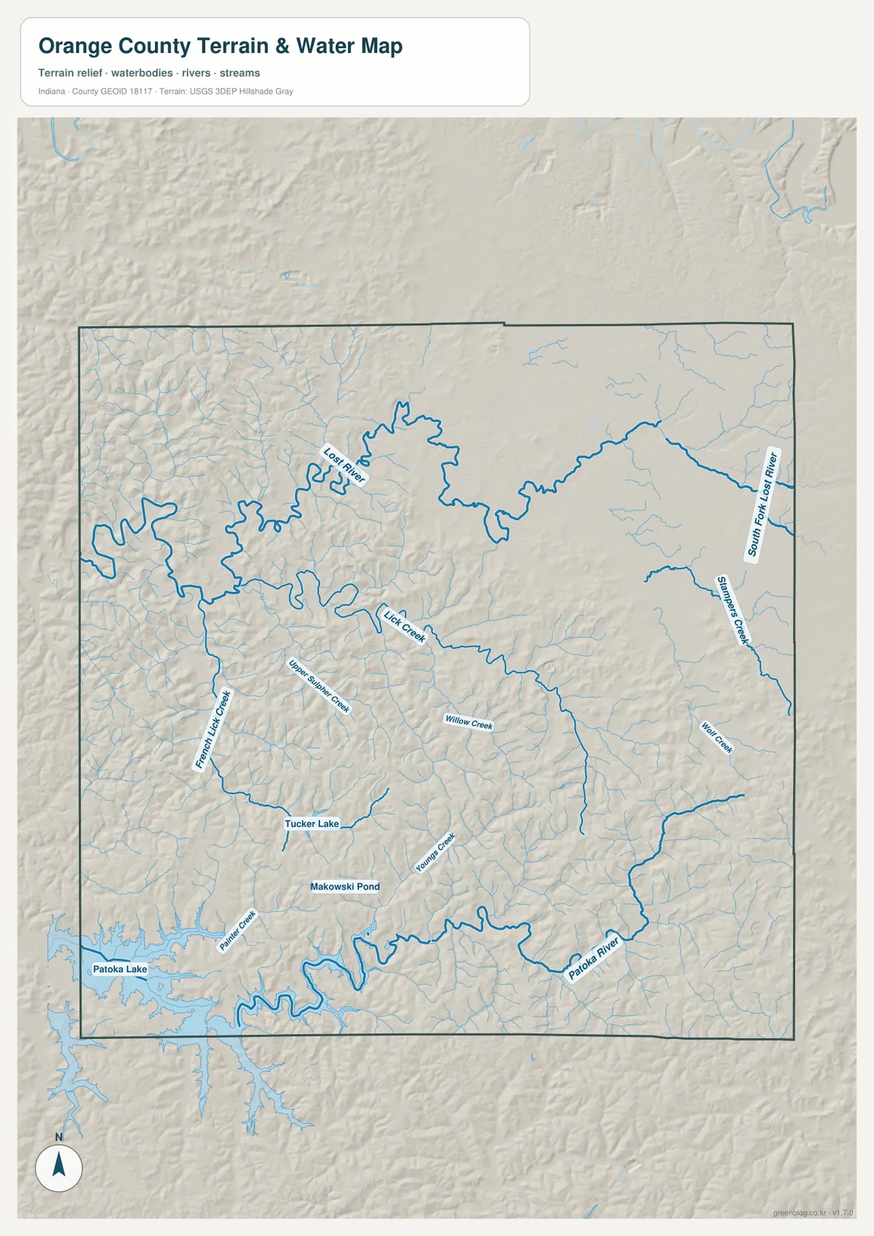 Orange County terrain and water map showing Lost River, South Fork Lost River, Lick Creek, French Lick Creek, Willow Creek, Patoka River, Tucker Lake, and Patoka Lake