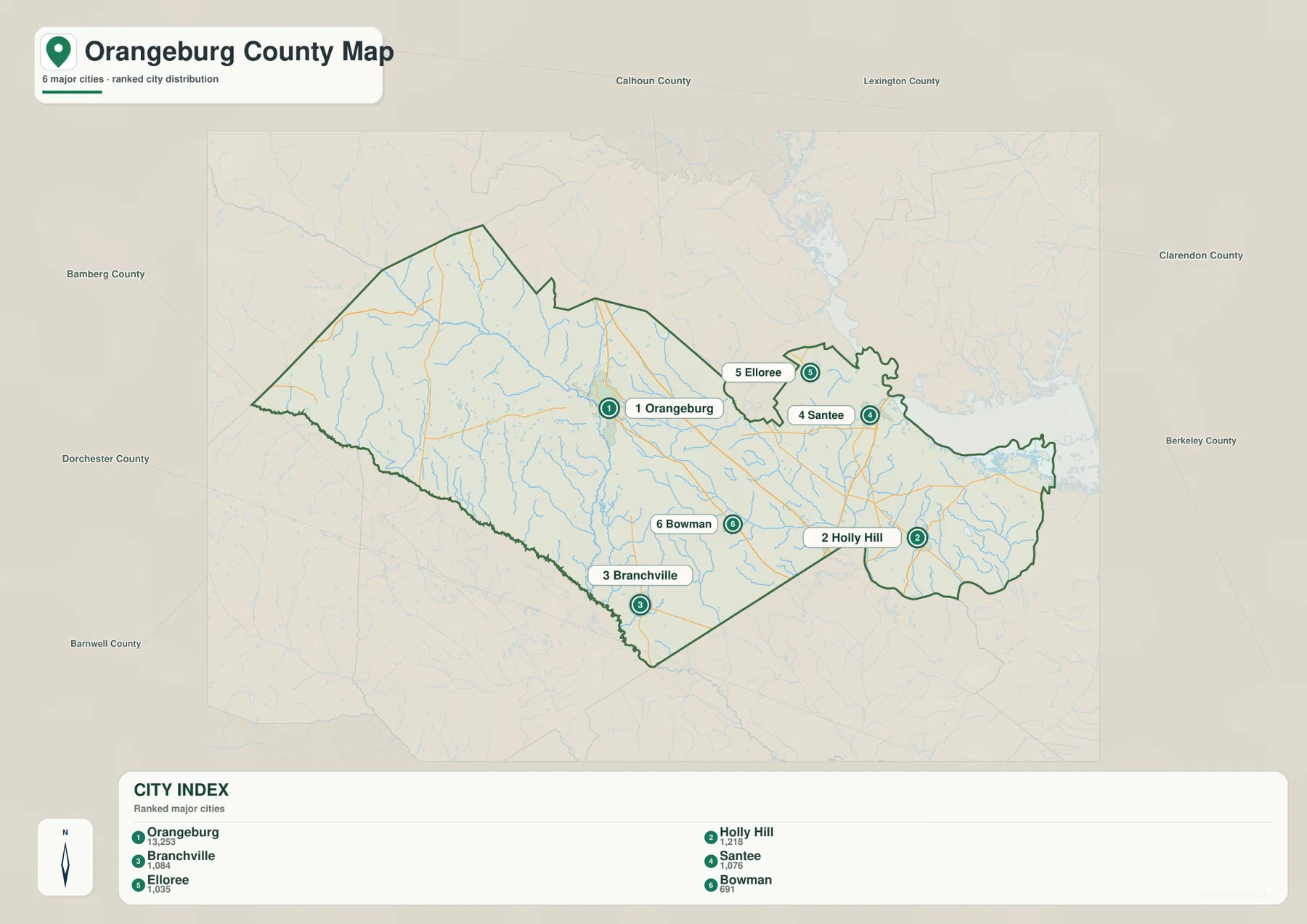 Orangeburg County city distribution map with Orangeburg, Holly Hill, Branchville, Santee, Elloree and Bowman