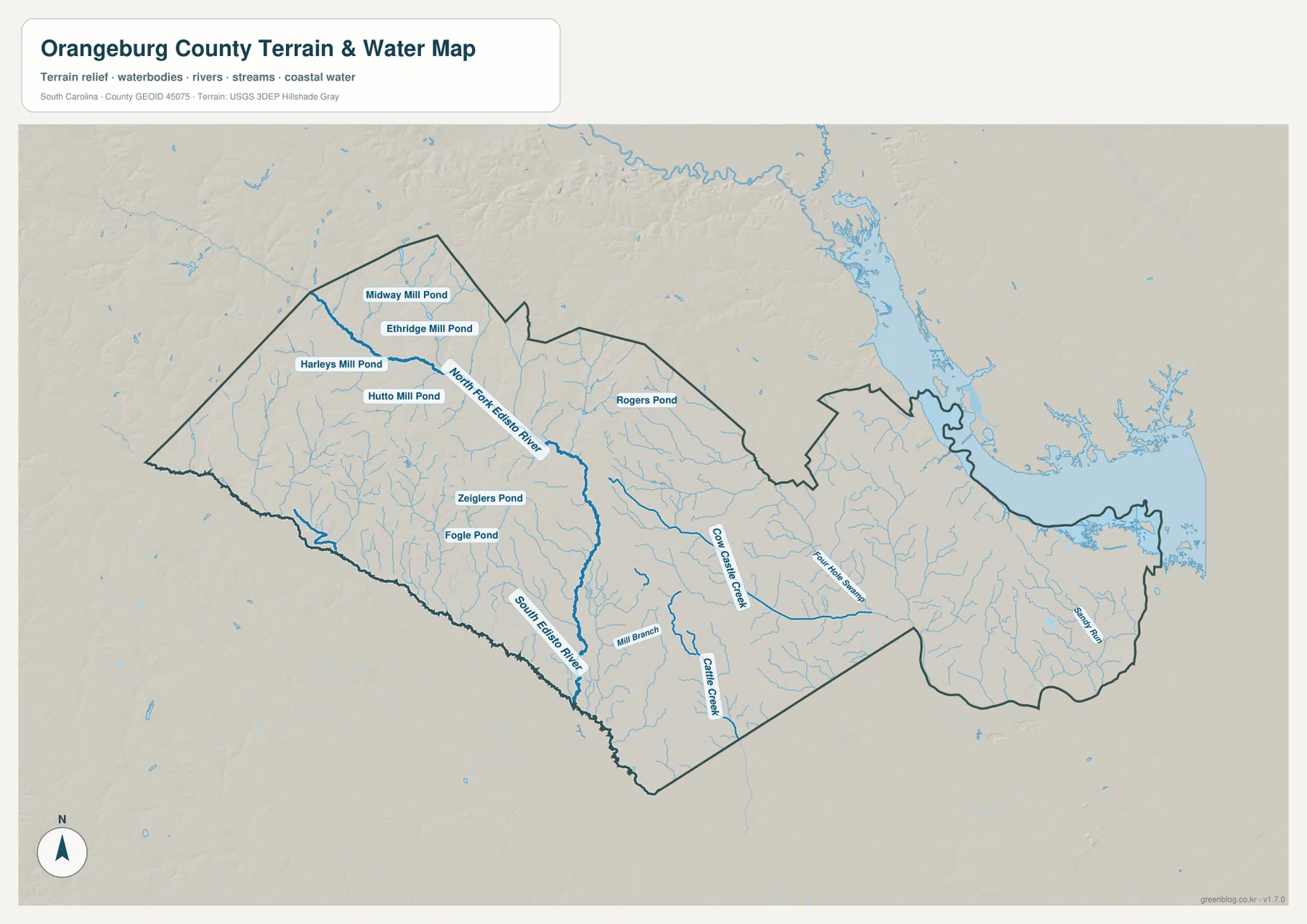 Orangeburg County terrain and water map with North Fork Edisto River, South Edisto River, Four Hole Swamp and named ponds