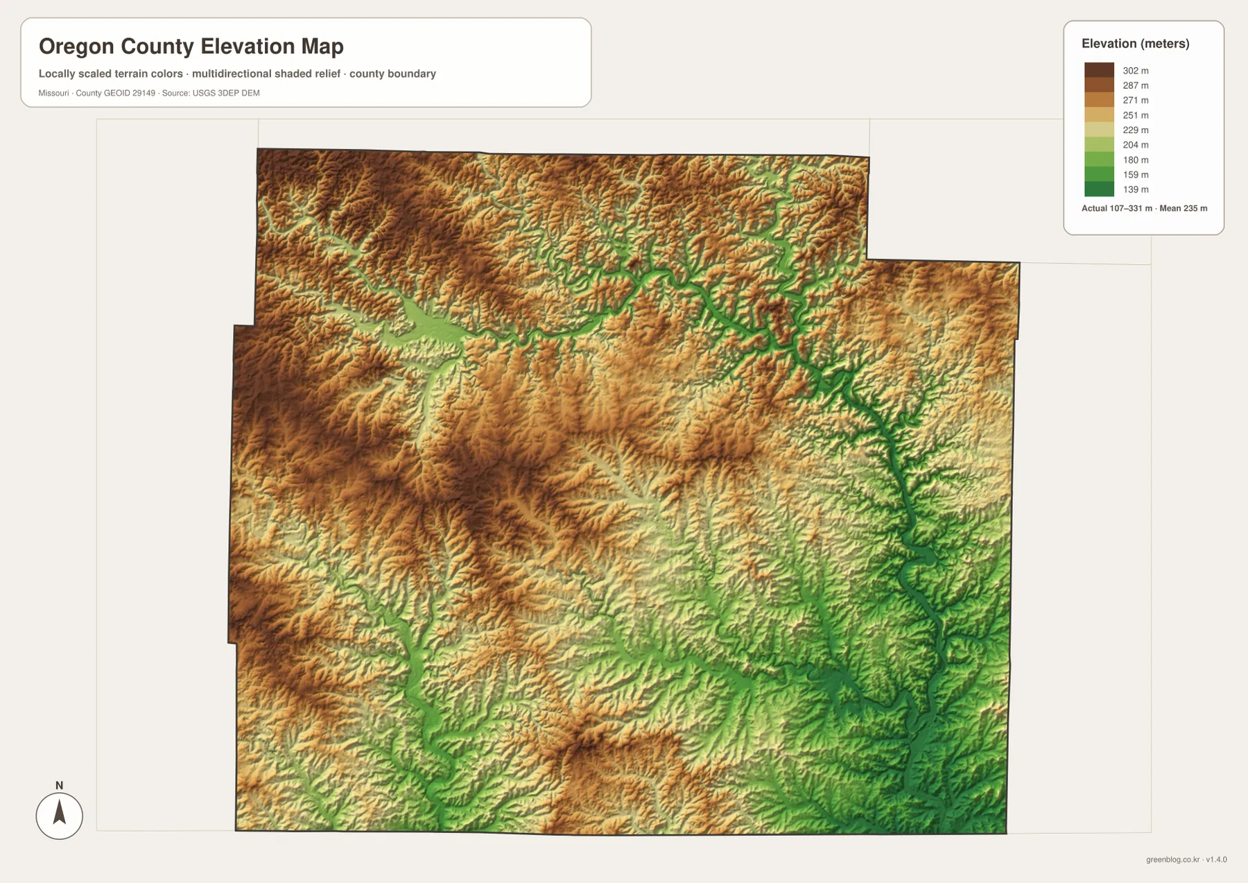 Oregon County elevation map showing 107 to 331 meter relief, higher northwestern hills, Eleven Point River valleys, and lower southeastern terrain