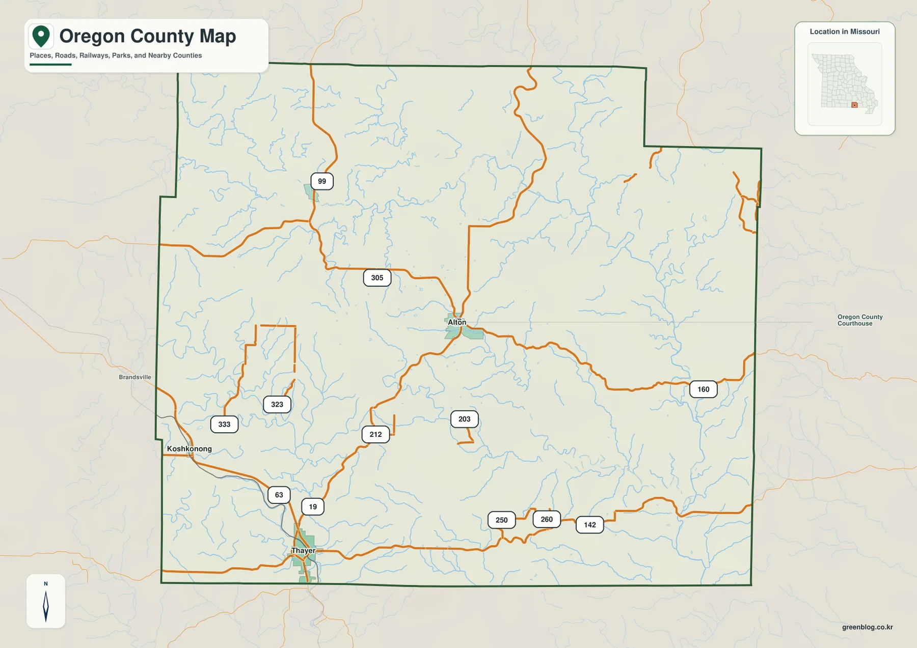 Oregon County Missouri map showing Alton, Thayer, Koshkonong, Routes 19, 63, 99, and 160