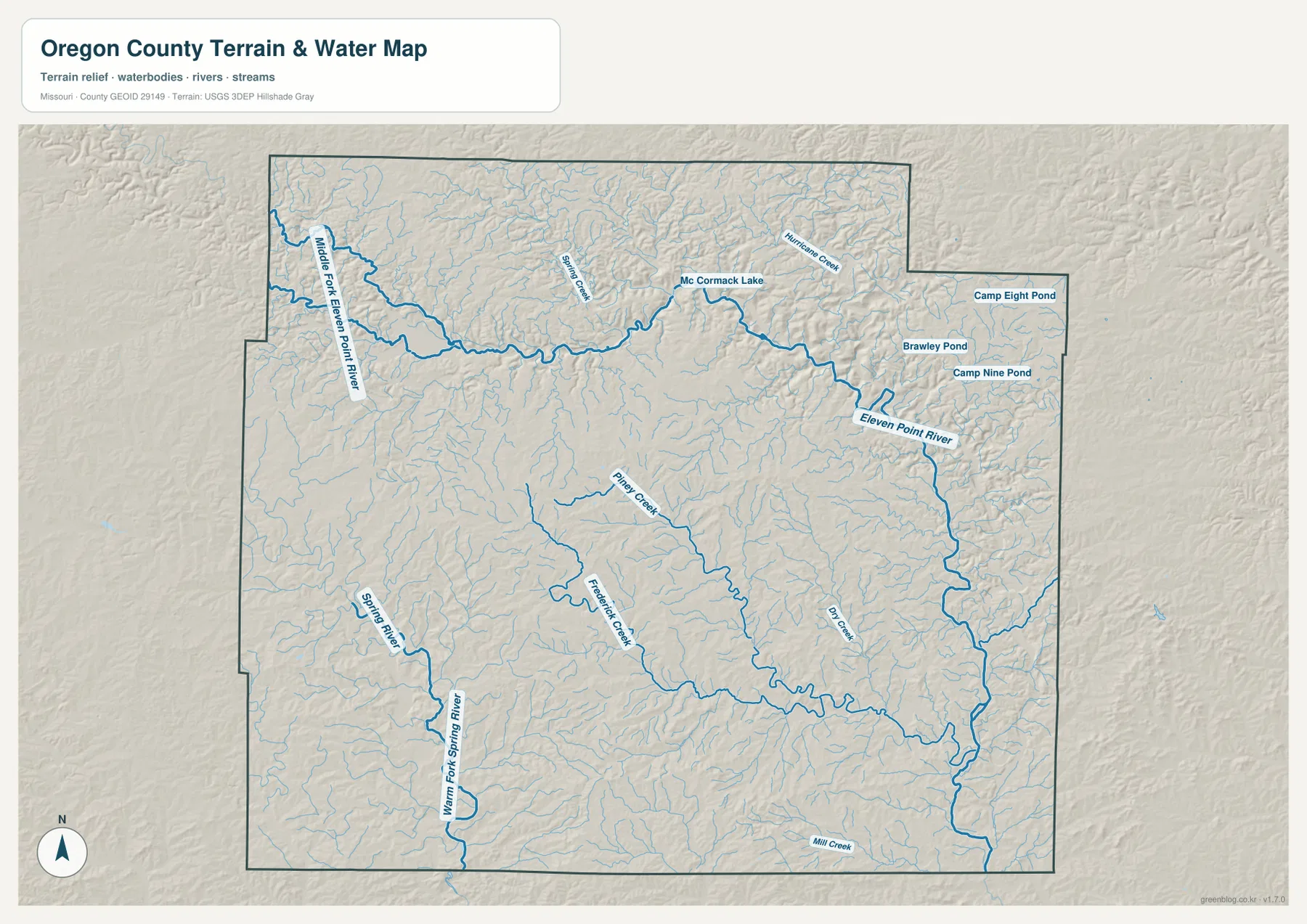 Oregon County terrain and water map showing the Eleven Point River, Middle Fork Eleven Point River, Spring River, Warm Fork Spring River, and tributaries