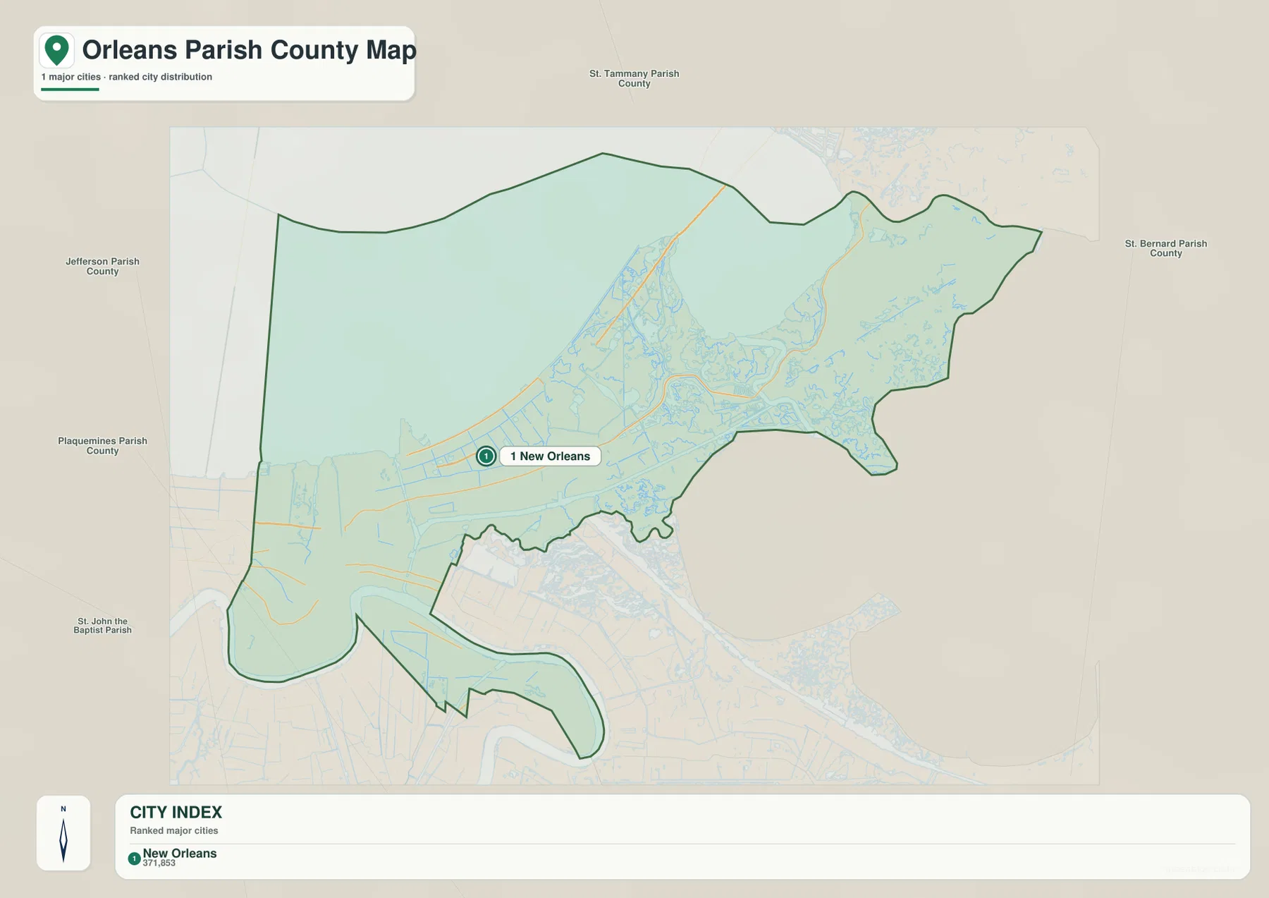 Orleans Parish city index map showing New Orleans as the single ranked major city