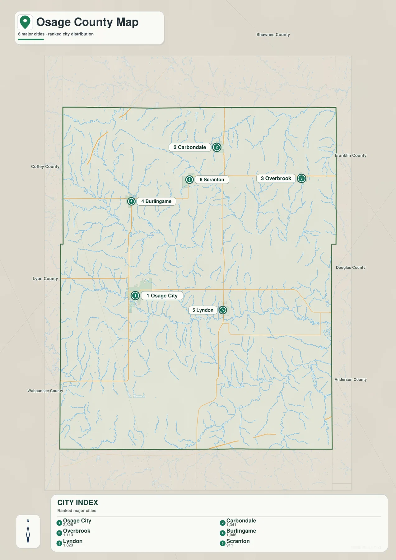 Osage County Kansas city map of Osage City, Carbondale, Overbrook, Burlingame, Lyndon and Scranton