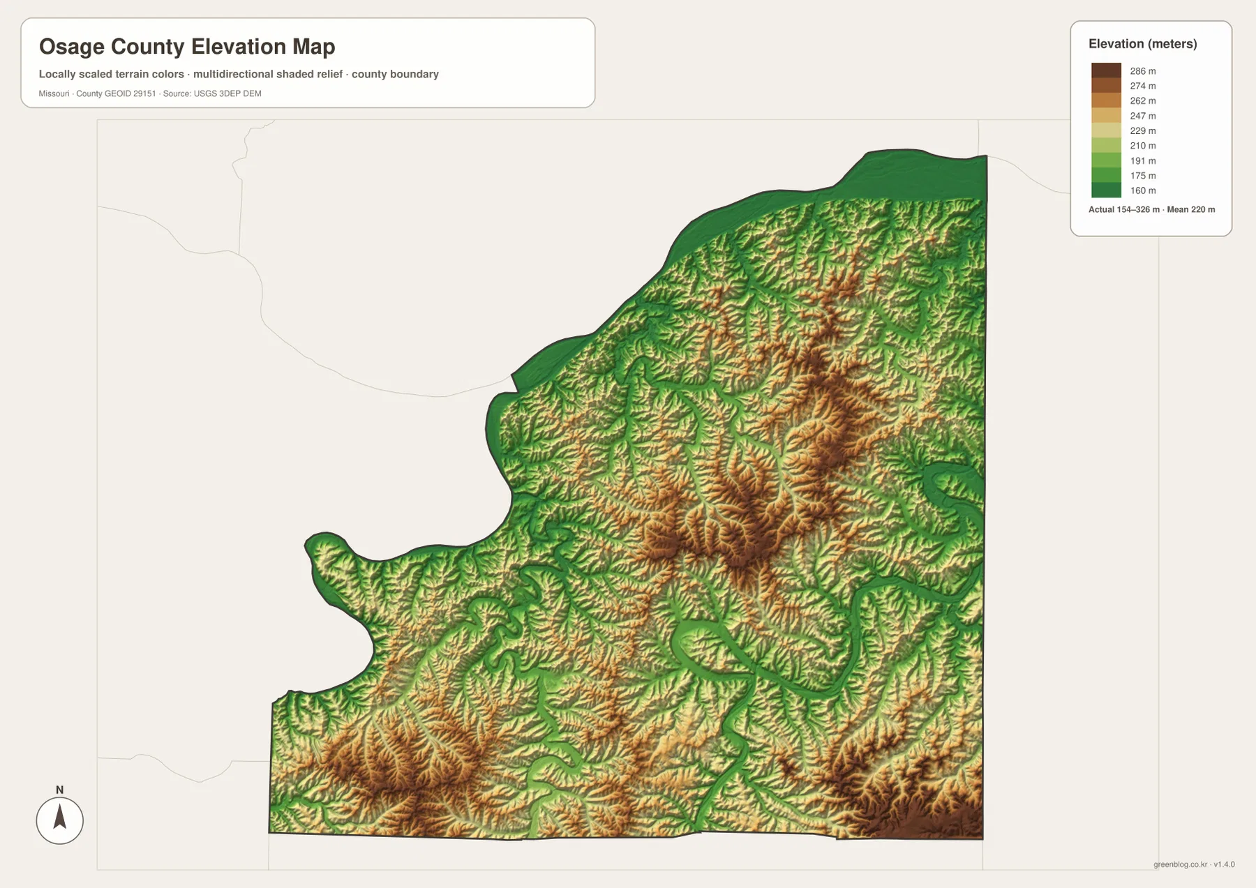 Osage County elevation map showing 154 to 286 meter relief, Missouri River lowlands, central eastern ridges, and Osage and Gasconade river valleys