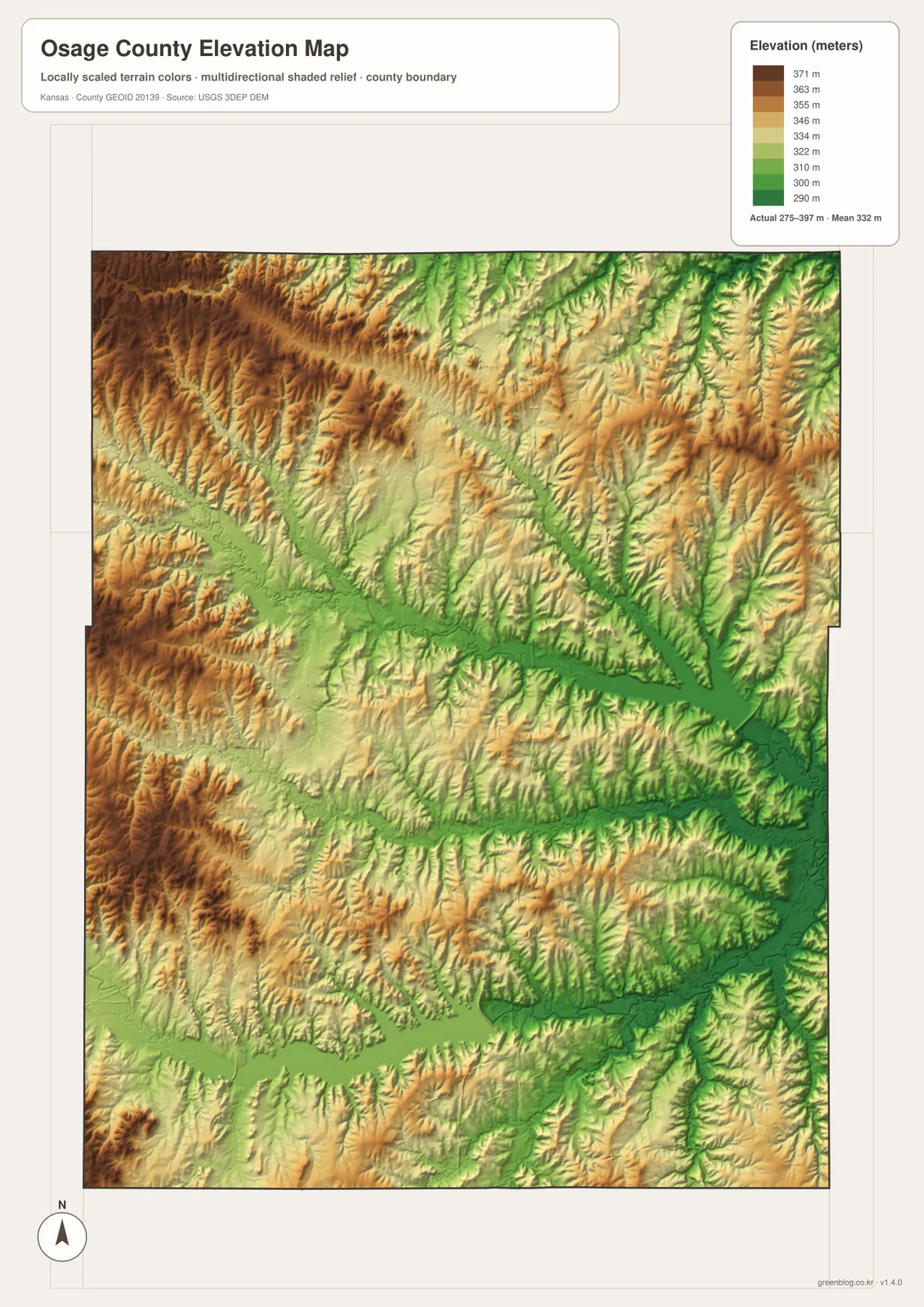 Osage County Kansas elevation map showing 275 to 397 meter relief, western uplands, Pomona Reservoir and Melvern Lake valleys