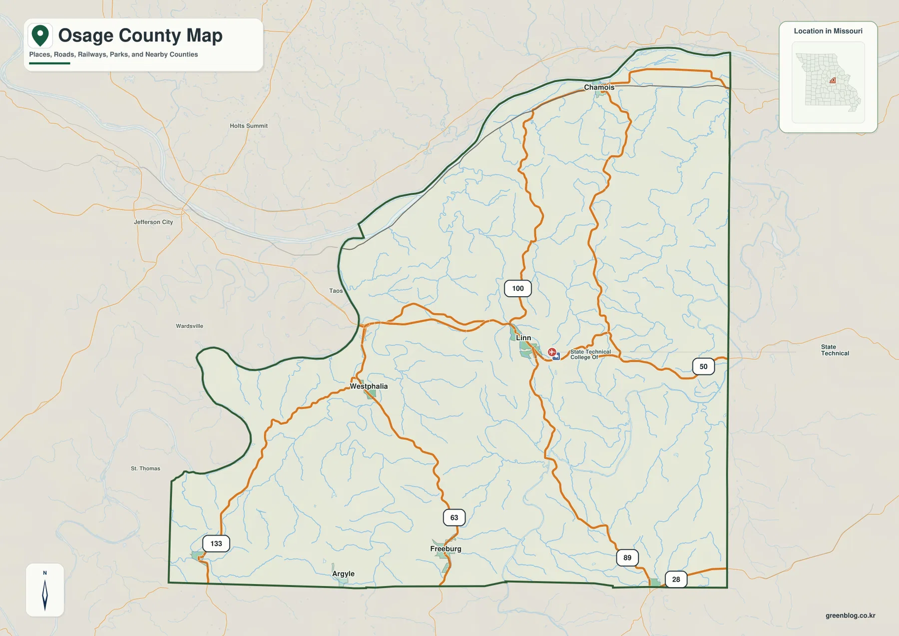 Osage County Missouri map showing Linn, Westphalia, Freeburg, Chamois, U.S. 50, Route 100, Route 63, and Route 89