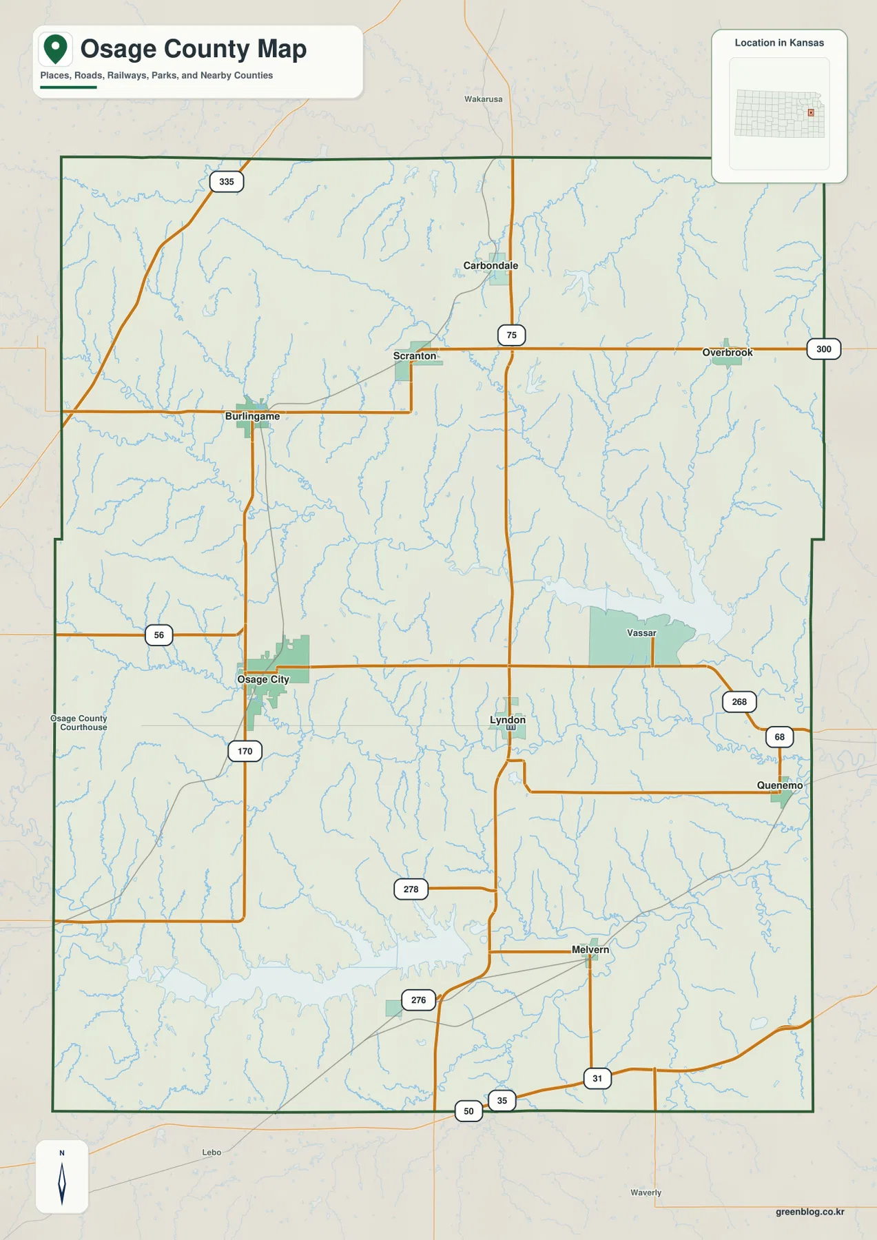 Osage County Kansas map showing Osage City, Lyndon, Carbondale, Overbrook, US 75, US 56 and state highways