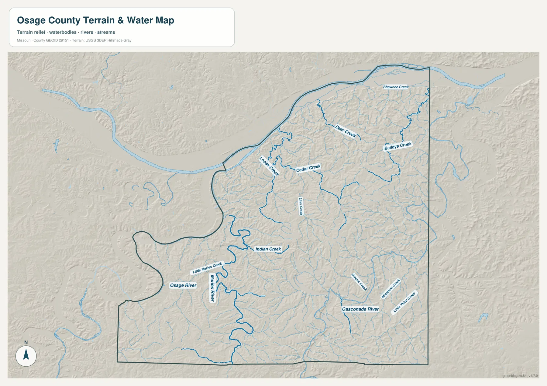Osage County terrain and water map showing the Missouri, Osage, Maries, and Gasconade rivers with Loose Creek, Cedar Creek, Deer Creek, and Baileys Creek