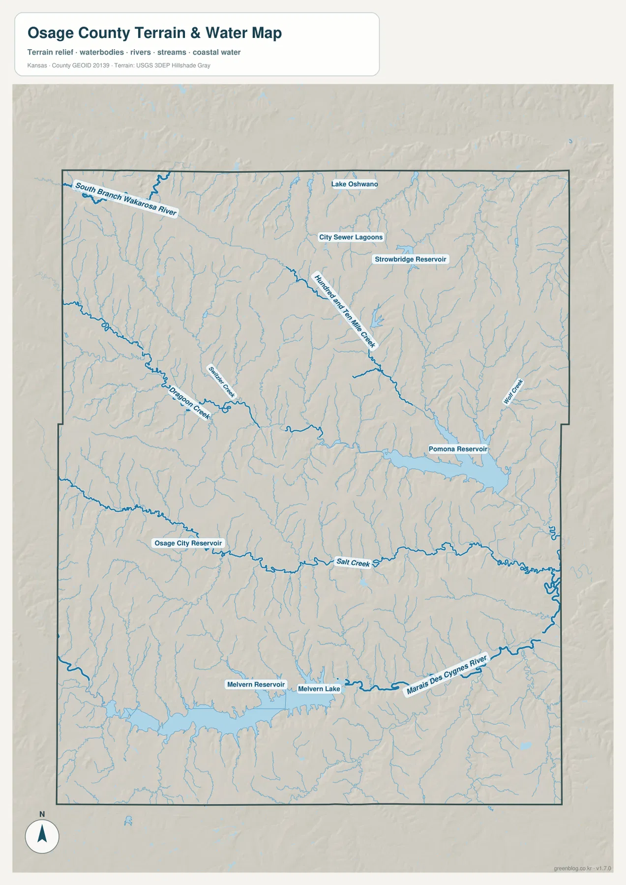 Osage County Kansas terrain and water map showing Pomona Reservoir, Melvern Lake, Marais des Cygnes River, Salt Creek and Dragoon Creek