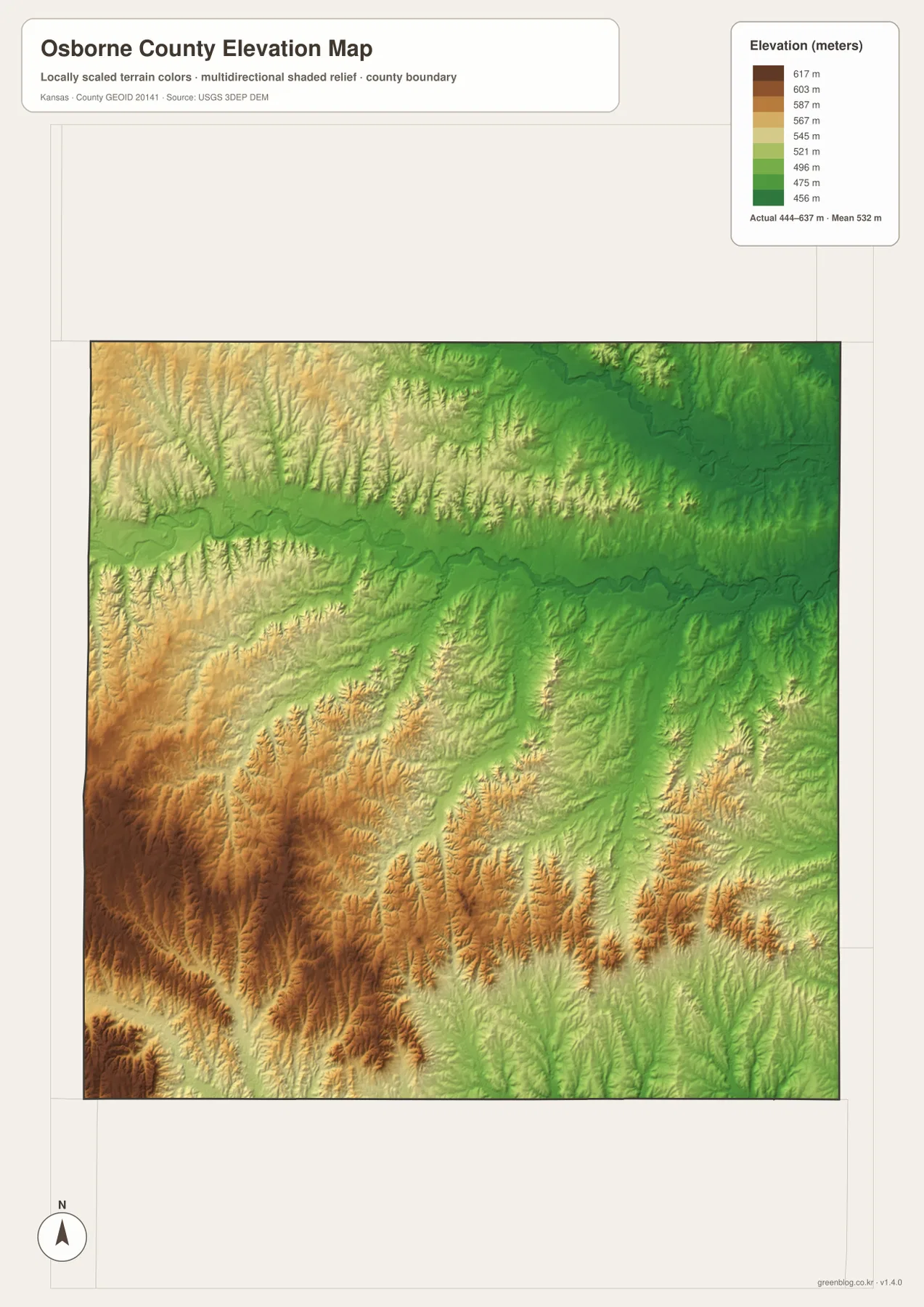 Osborne County Kansas elevation map showing 444 to 637 meter relief, high western uplands and lower Solomon River valleys