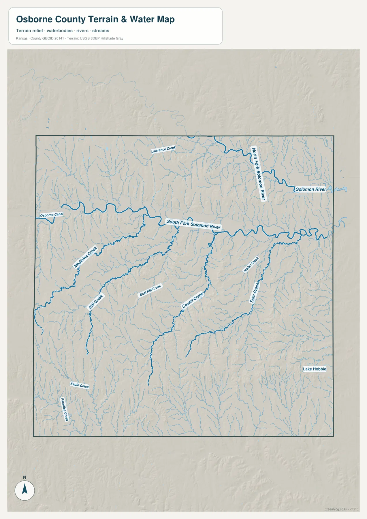 Osborne County Kansas terrain and water map showing South Fork Solomon River, North Fork Solomon River, Medicine Creek, Kill Creek and other tributaries