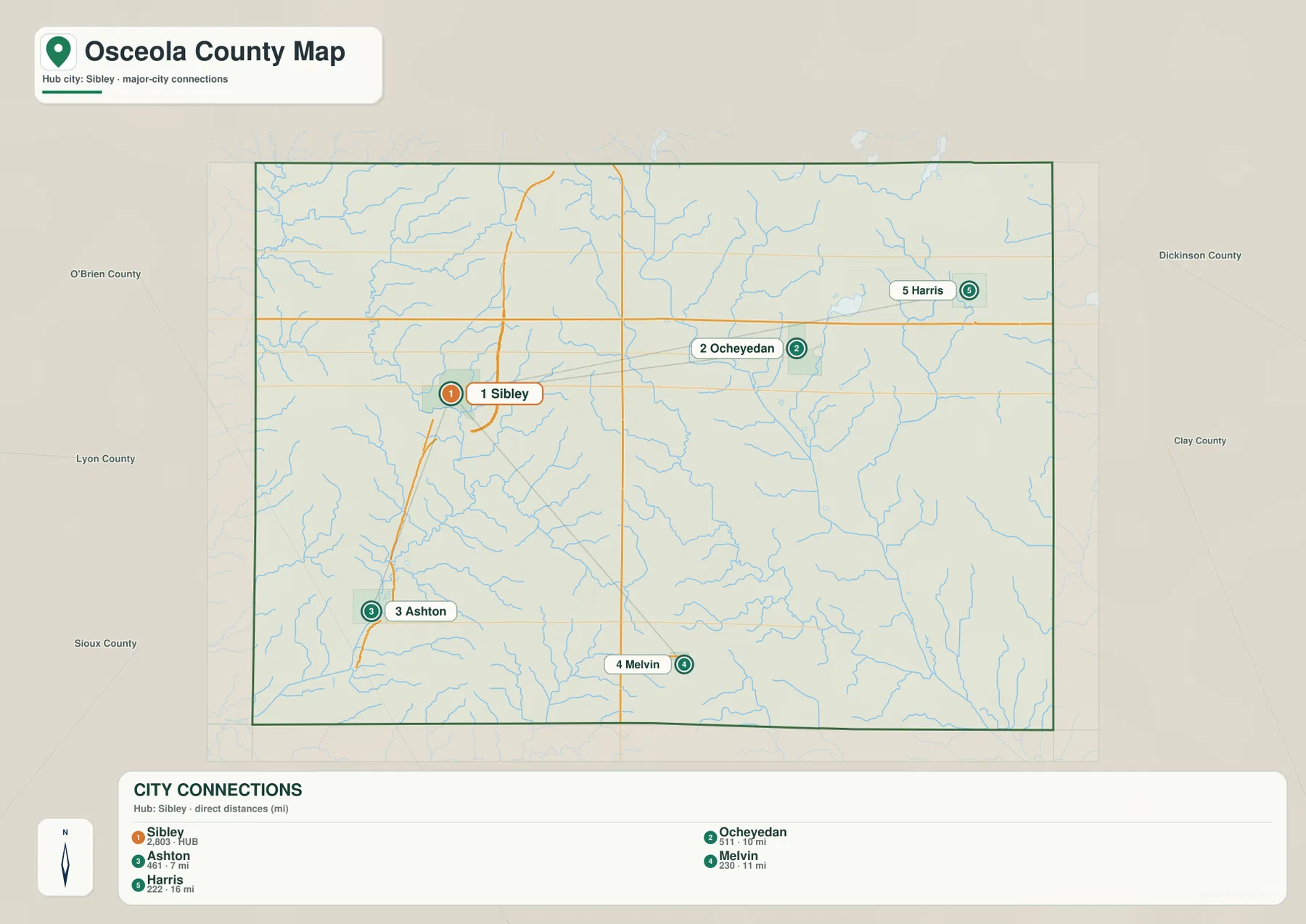 Osceola County Iowa Sibley Ocheyedan Ashton Melvin Harris 도시 연결 지도