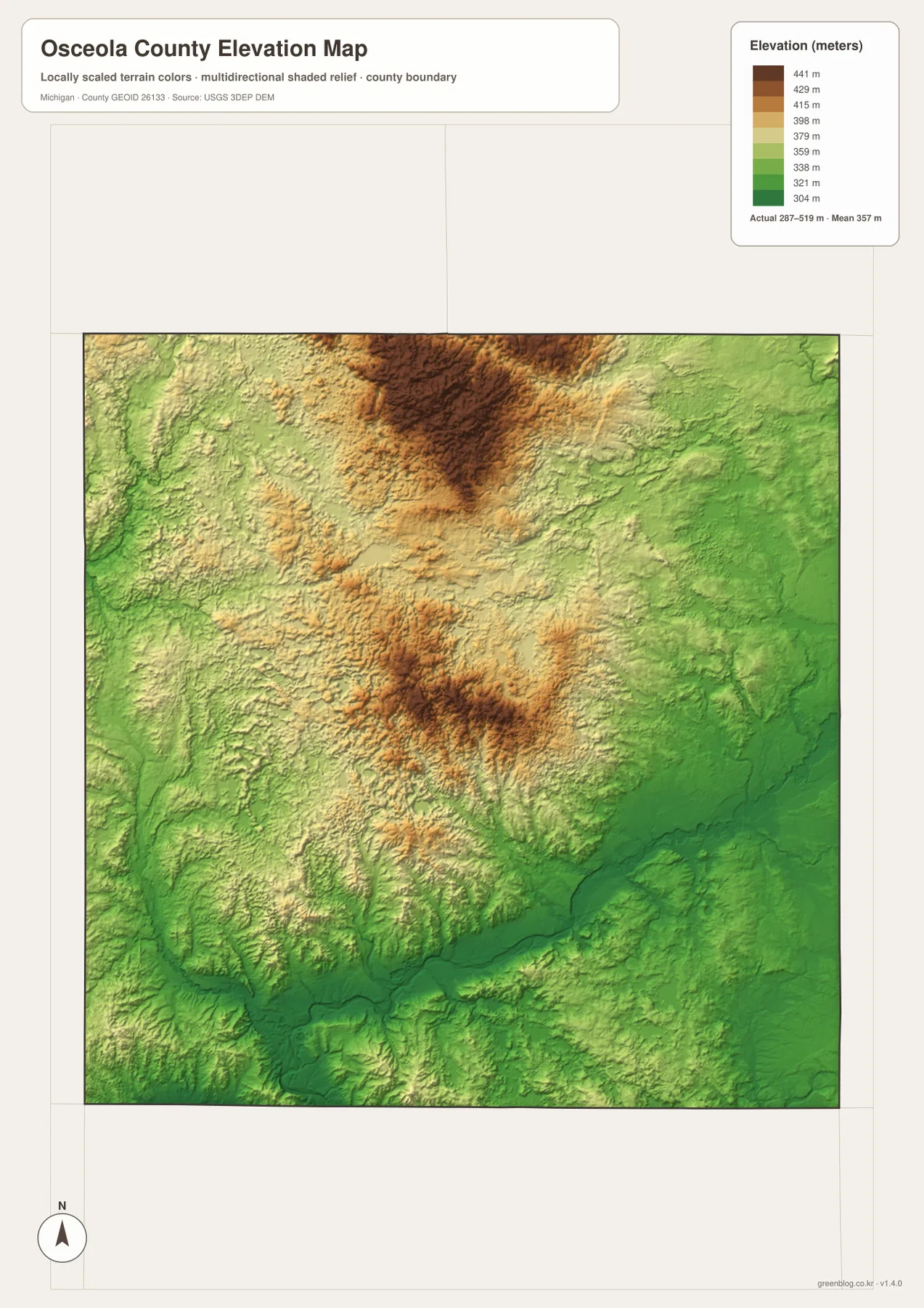 Osceola County elevation map showing high north-central and central uplands with lower eastern and southern river valleys