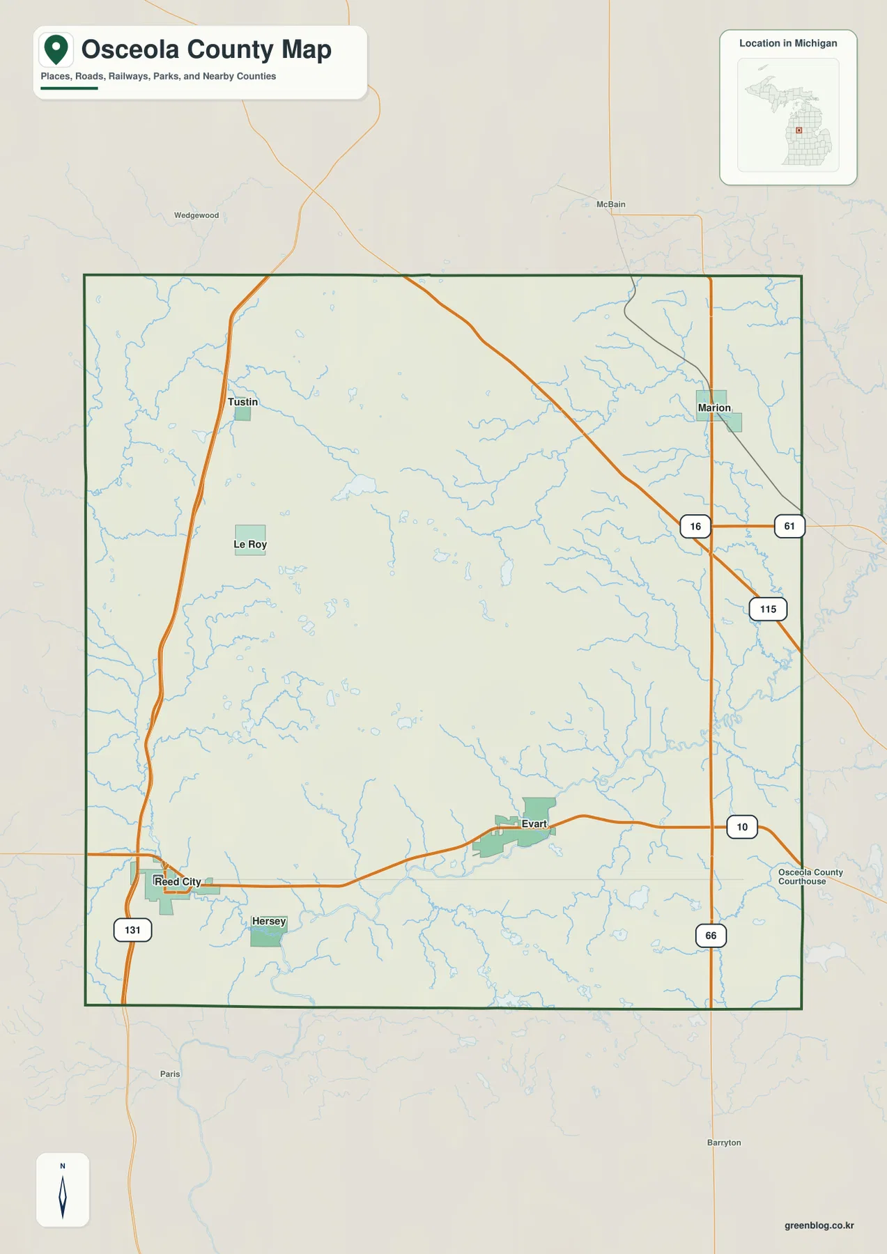 Osceola County map showing Reed City, Evart, Marion, Hersey, Tustin, Le Roy, US-10, US-131, M-66, and M-115