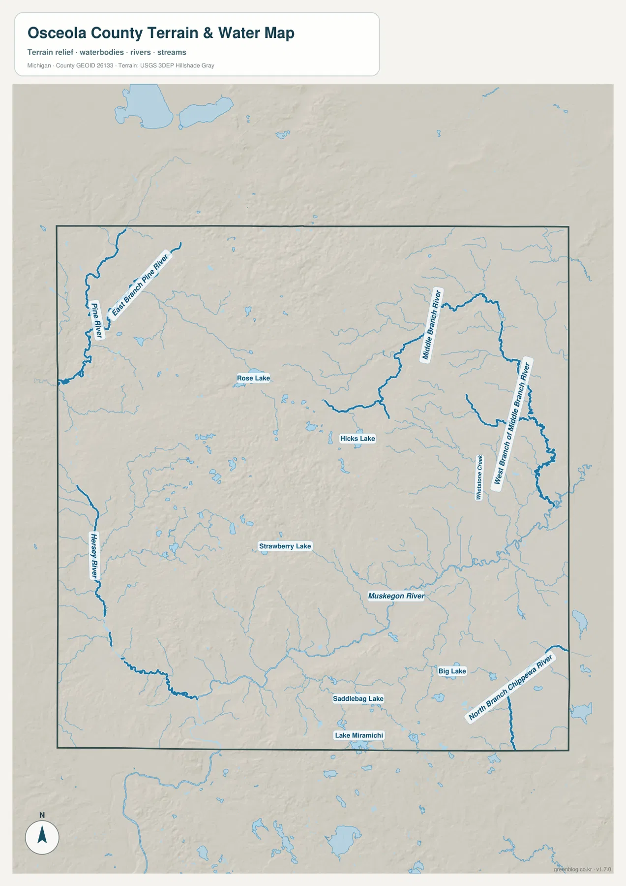 Osceola County terrain and water map showing Pine River, Middle Branch River, Muskegon River, Hersey River, and major lakes