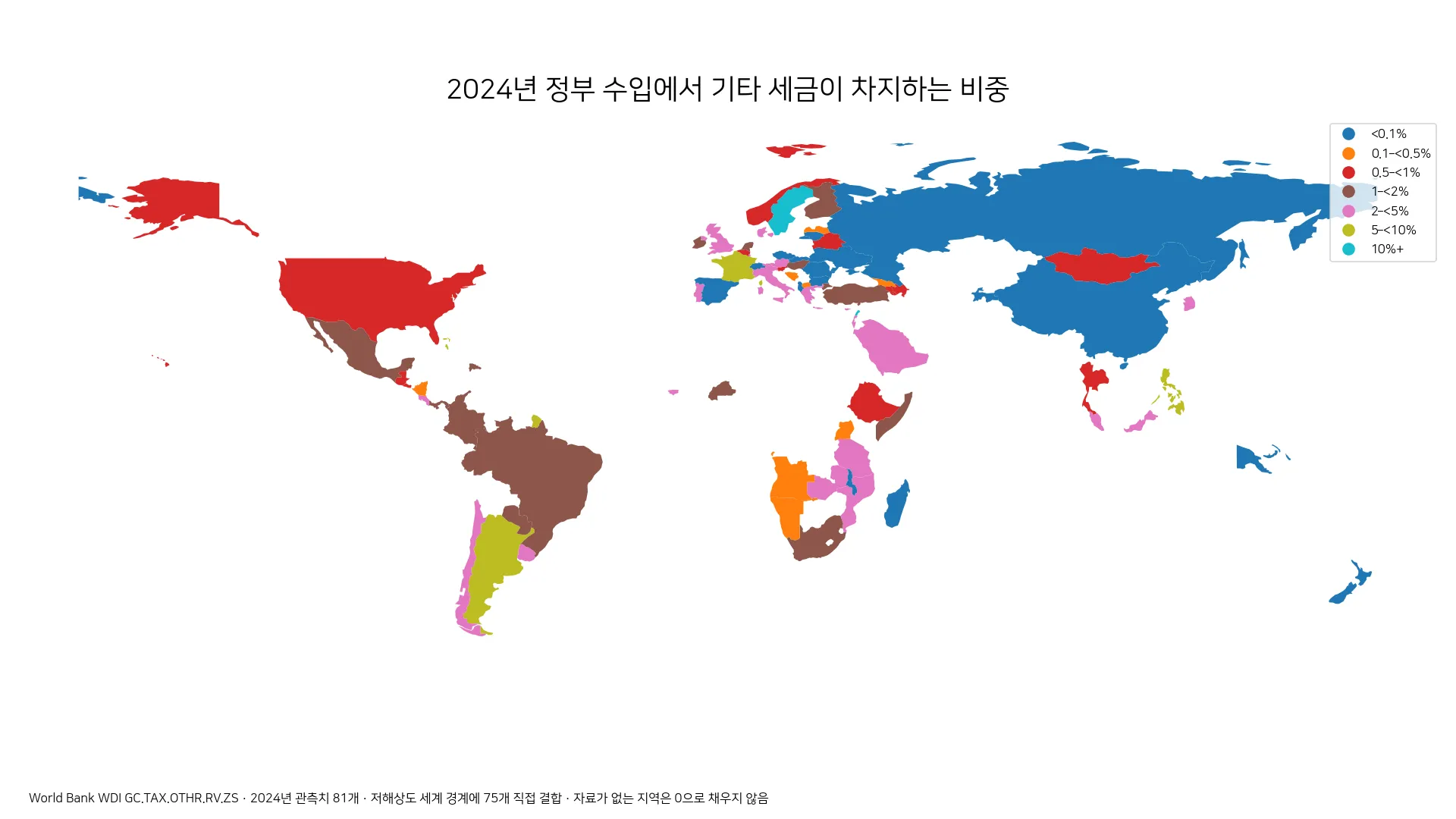 2024년 정부 수입에서 기타 세금이 차지하는 비중 지도