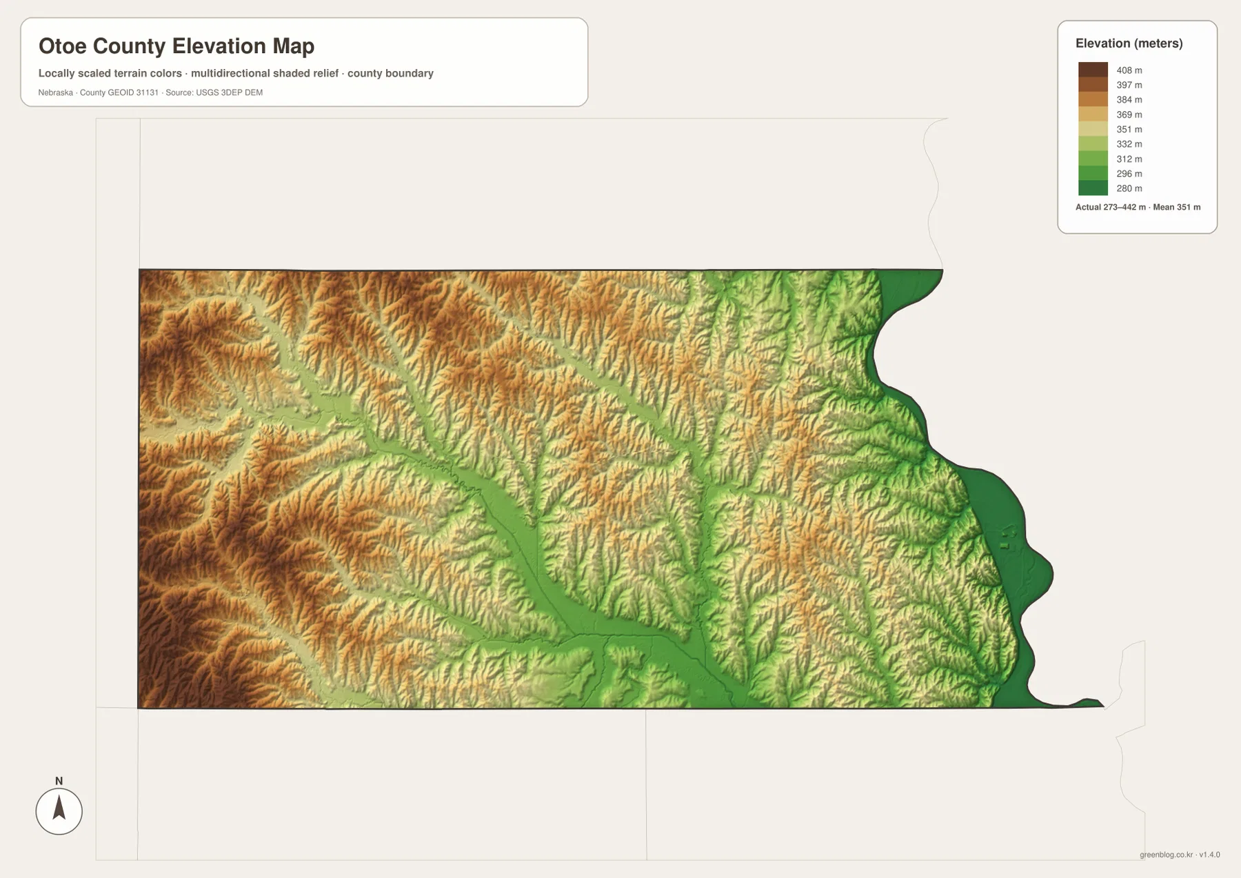 서부 고지에서 Little Nemaha River 계곡과 Missouri River 동부 저지로 낮아지는 Otoe County 고도 지도
