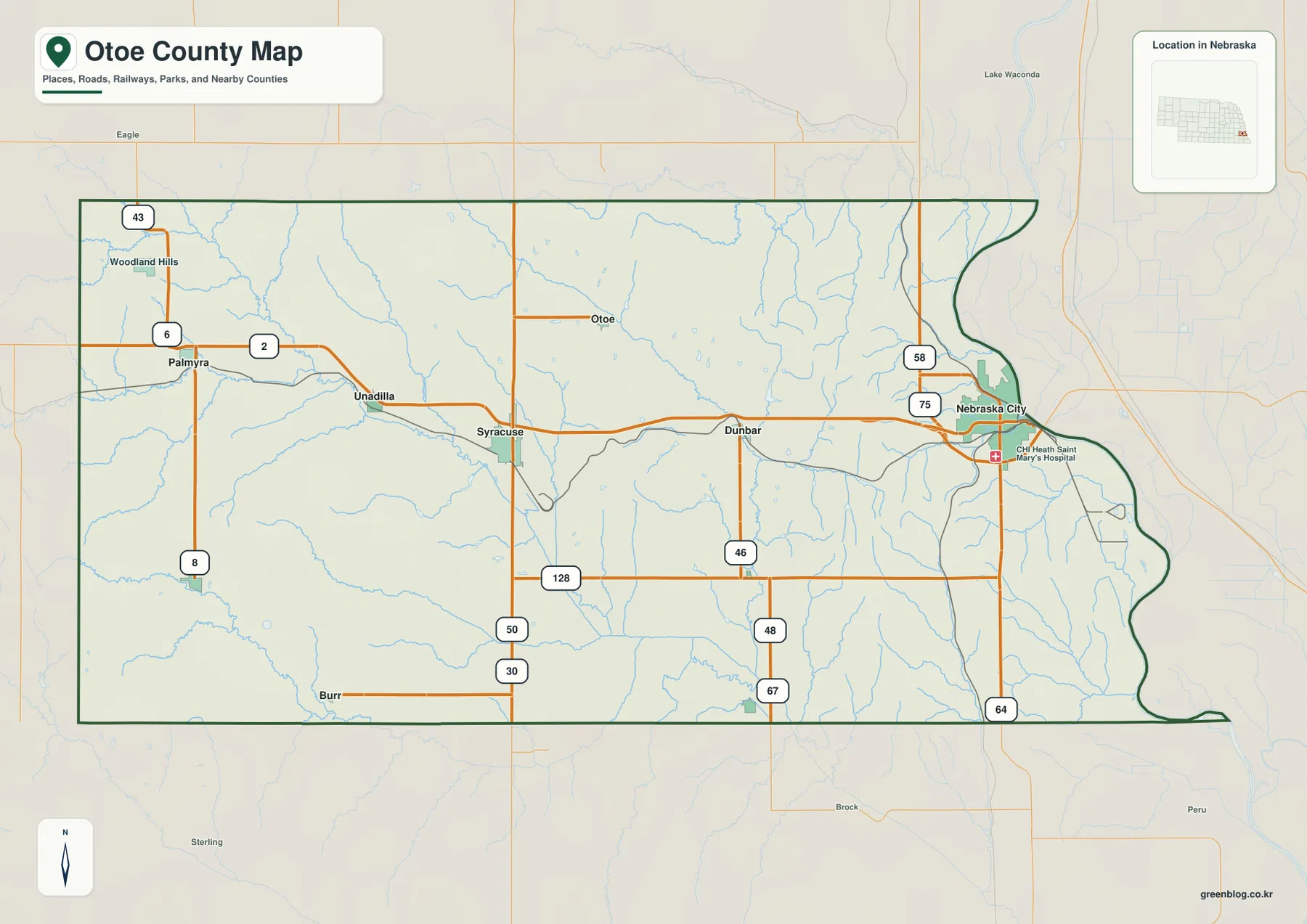 Nebraska City, Syracuse, Palmyra, Unadilla, Dunbar와 주요 도로를 표시한 Otoe County 지도