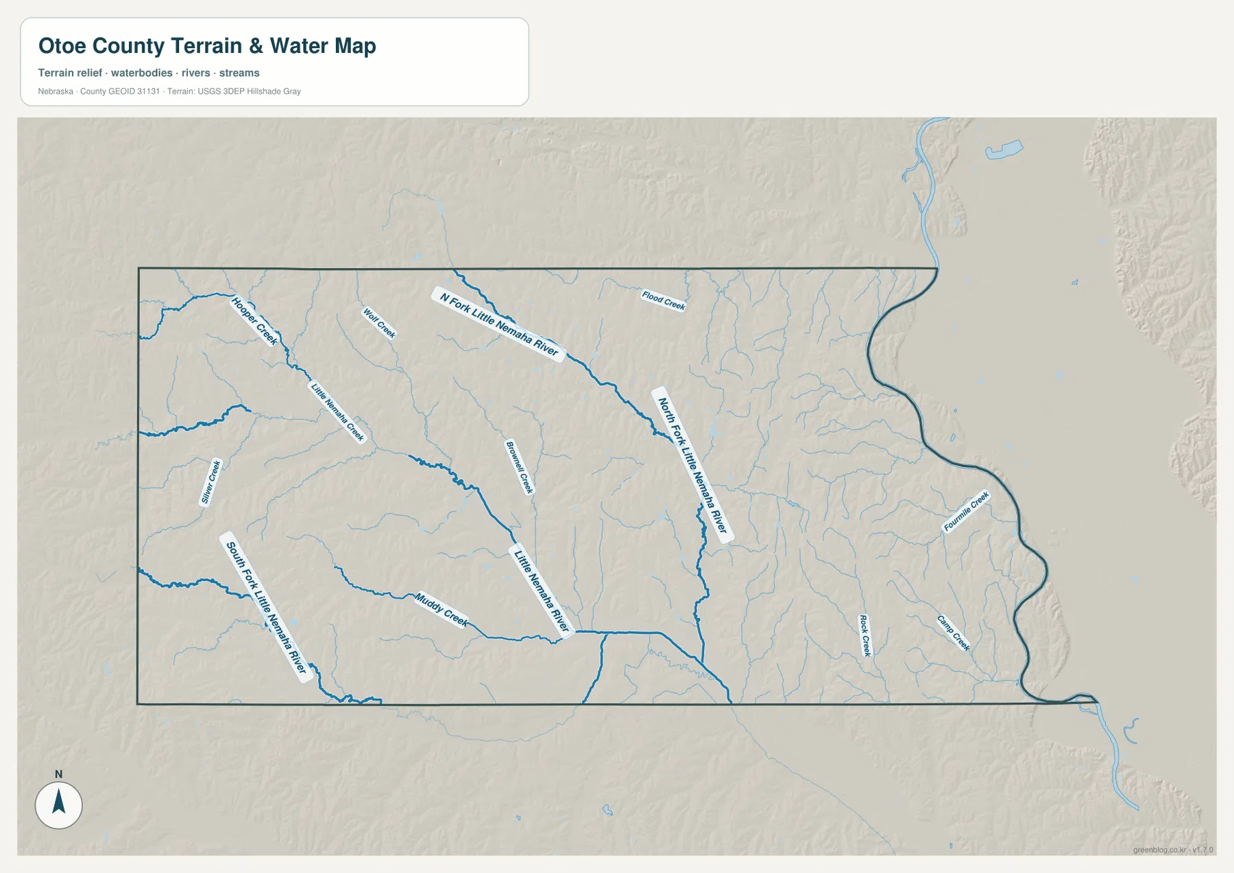 North Fork Little Nemaha River, Little Nemaha River, South Fork Little Nemaha River와 여러 지류를 표시한 Otoe County 수역 지도