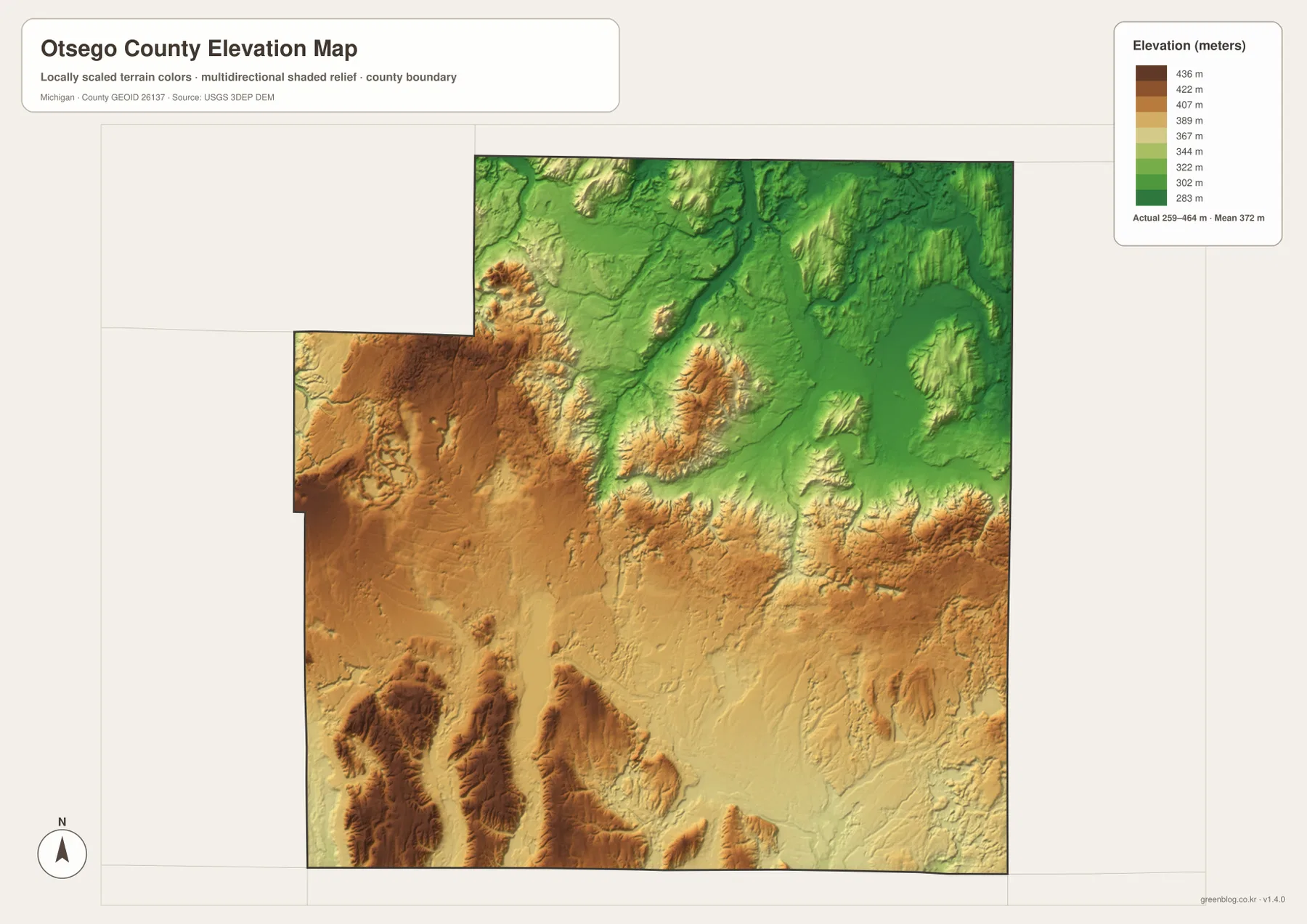 Otsego County elevation map showing higher southern and western uplands and lower northern and eastern river valleys