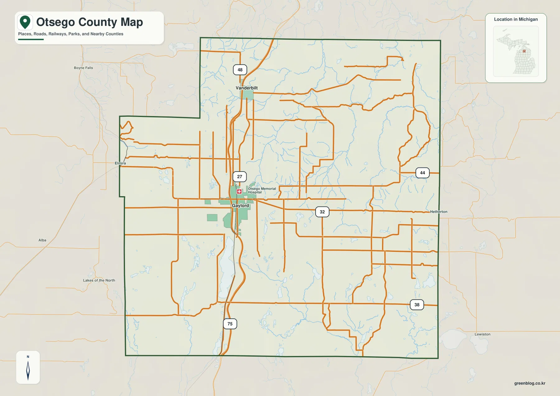 Otsego County map showing Gaylord, Vanderbilt, I-75, Old US-27, M-32, local roads, waterways, and nearby places