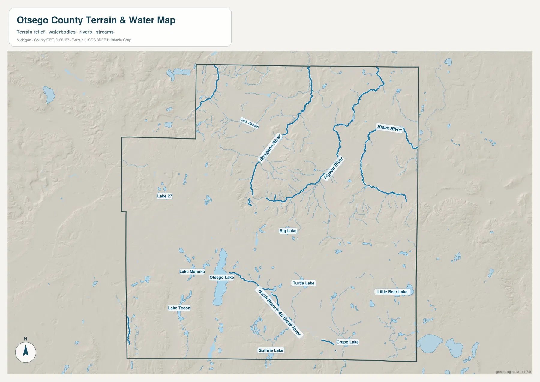 Otsego County terrain and water map showing the Sturgeon, Pigeon and Black rivers, Otsego Lake, North Branch Au Sable River, and smaller lakes