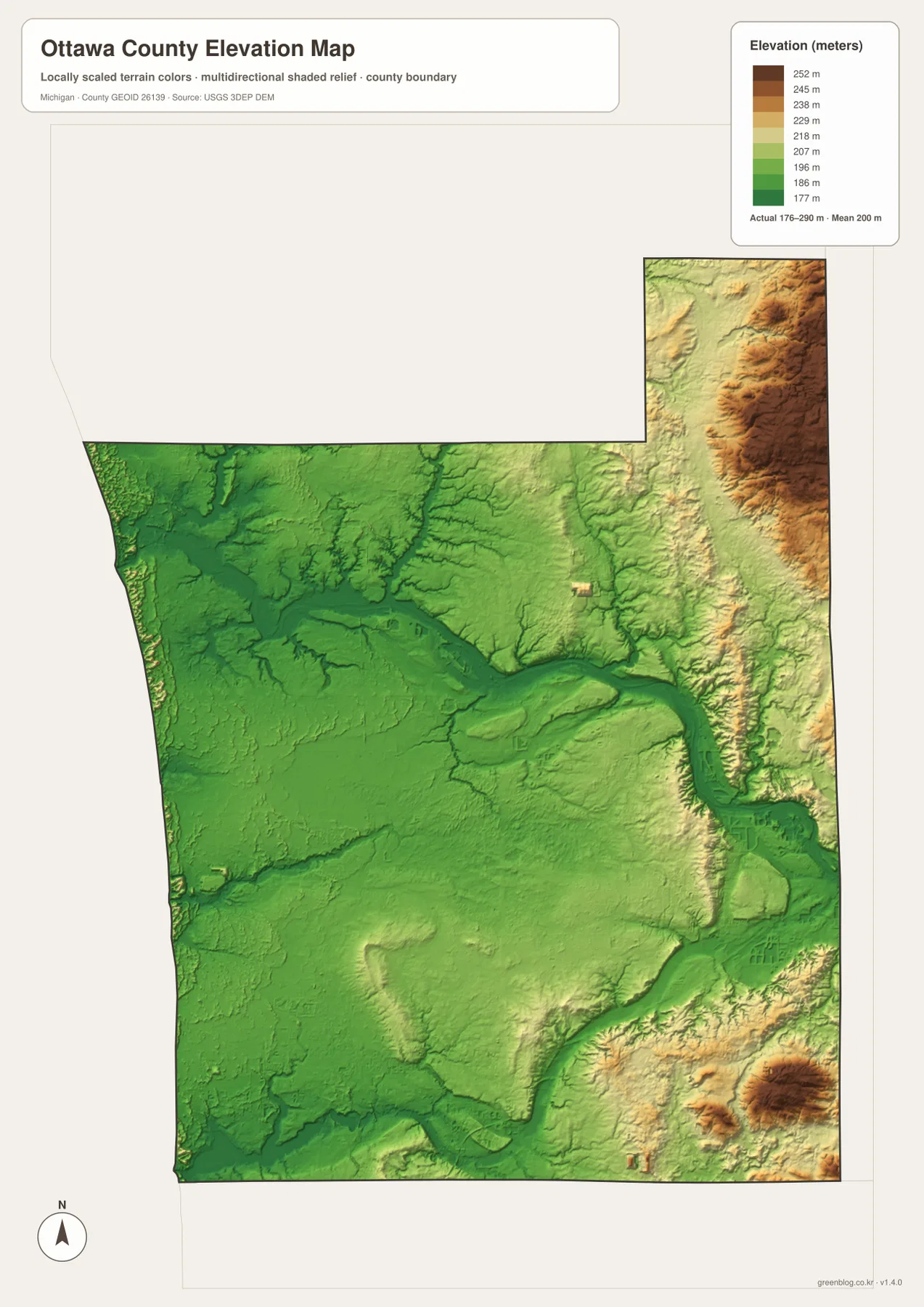 Ottawa County elevation map showing low Lake Michigan and Grand River terrain with higher eastern and northeastern ridges