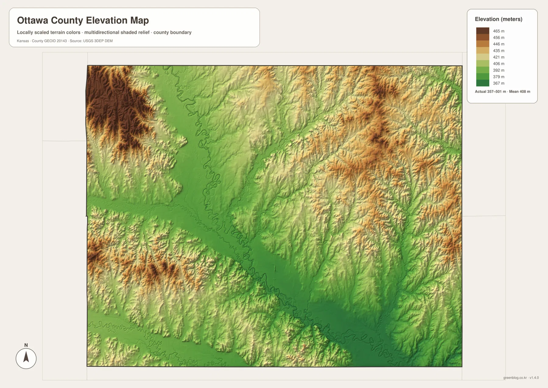 Ottawa County Kansas elevation map showing 357 to 501 meter relief, Solomon River lowlands and higher western Smoky Hills