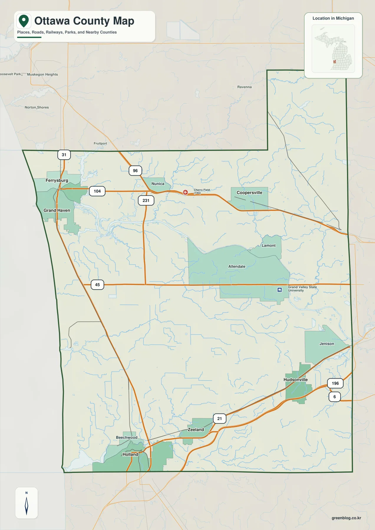 Ottawa County map showing Grand Haven, Zeeland, Hudsonville, US-31, I-96, I-196, M-45, and the Grand River