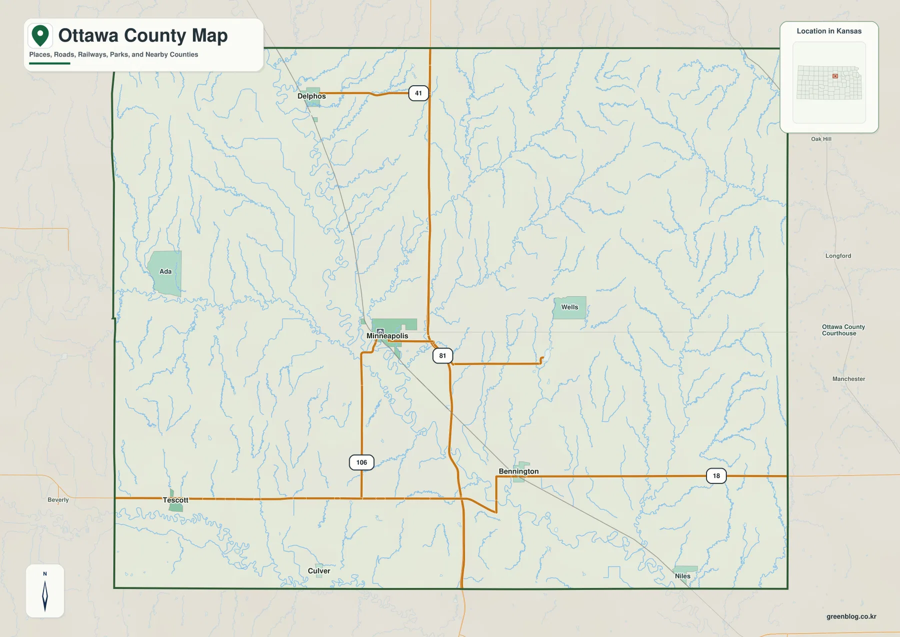 Ottawa County Kansas map showing Minneapolis, Bennington, Delphos, Tescott, US 81, K-18 and K-41