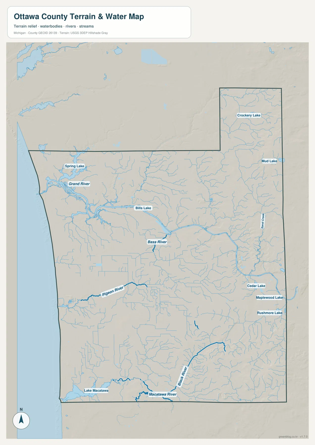 Ottawa County terrain and water map with the Grand River, Bass River, Pigeon River, Black River, Macatawa River, Lake Macatawa, and smaller lakes
