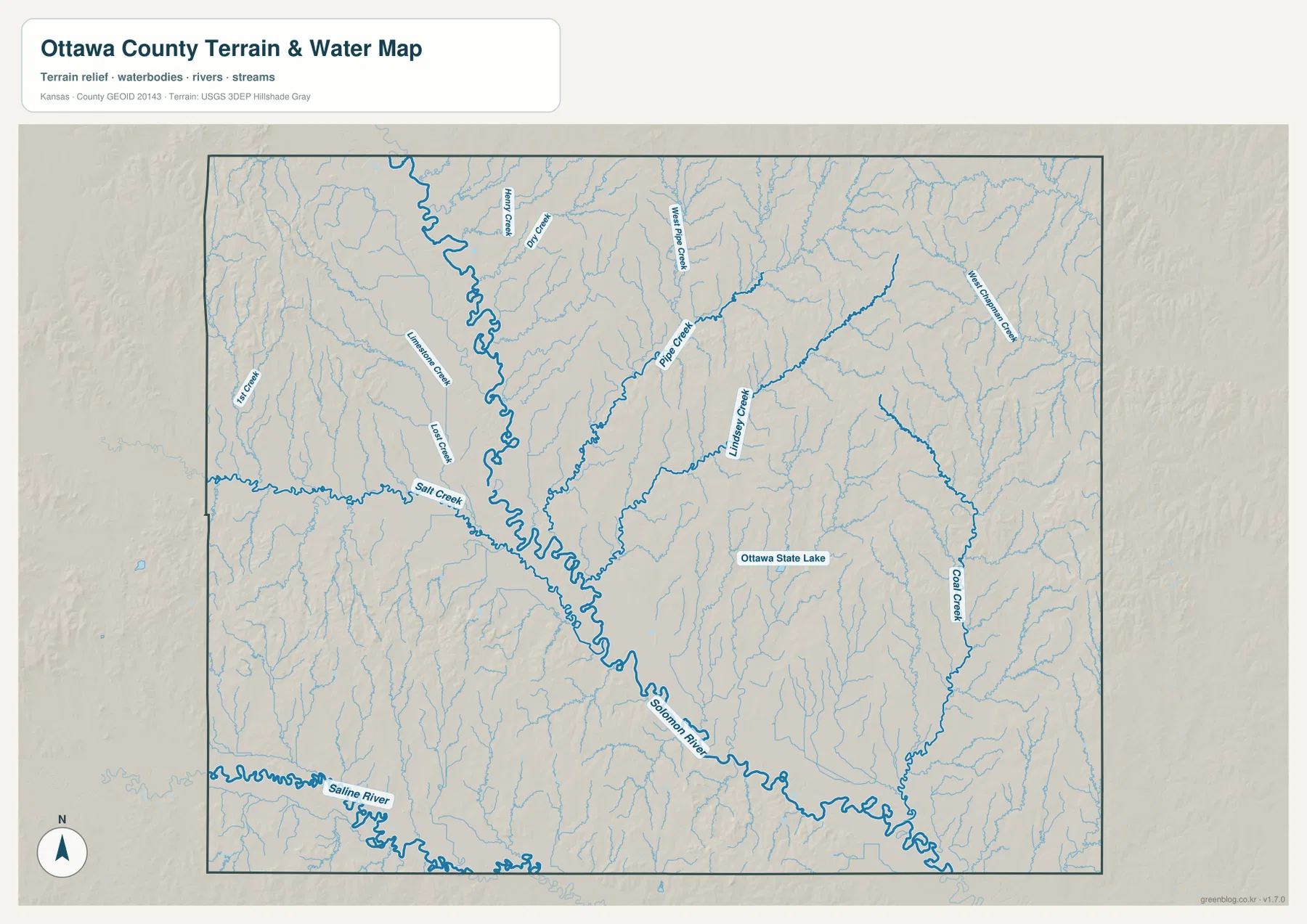 Ottawa County Kansas terrain and water map showing Solomon River, Salt Creek, Pipe Creek, Lindsay Creek, Coal Creek and Ottawa State Lake